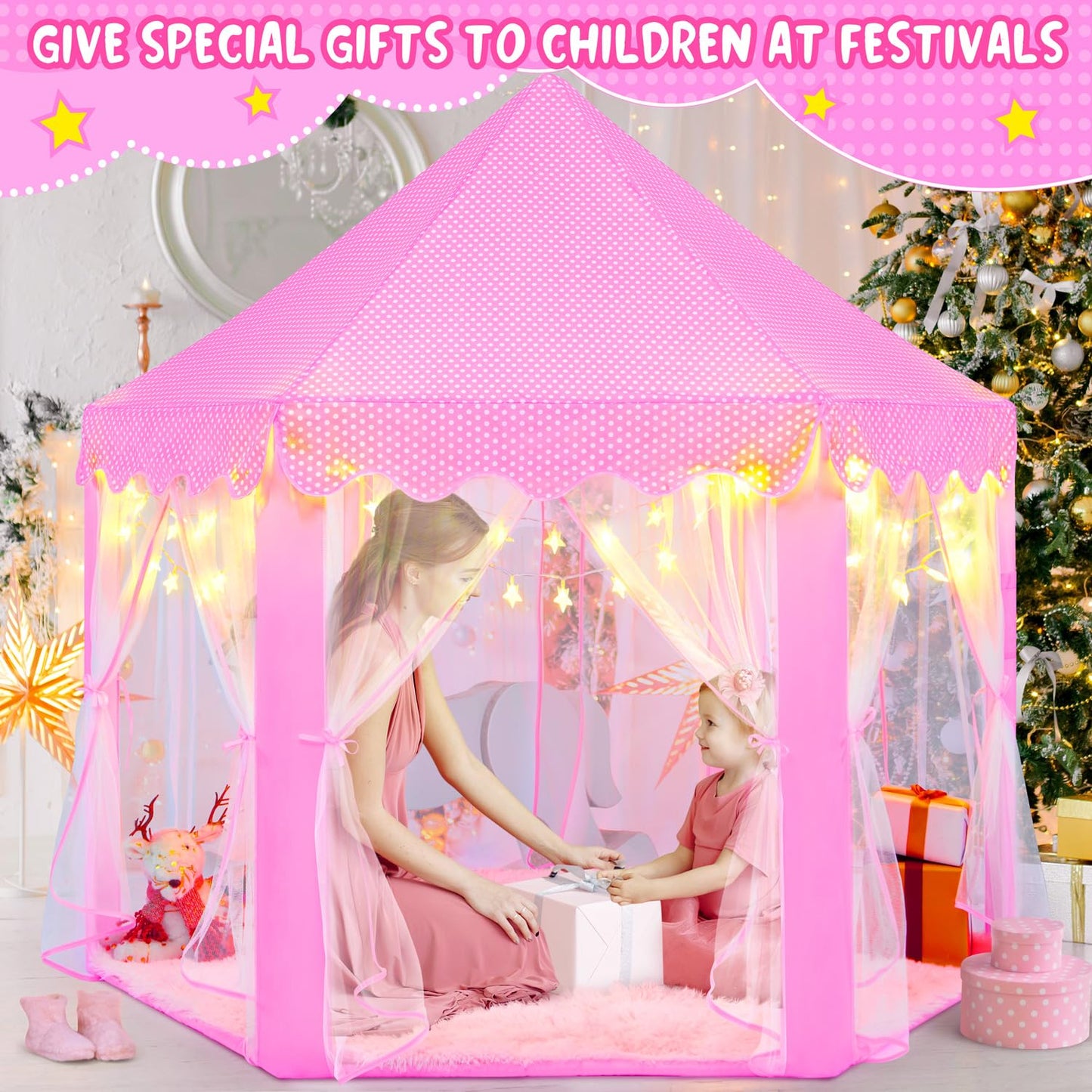 KIXINWA Pink Princess Tent with LED Stars – Castle Playhouse for Kids (Indoor/Outdoor)