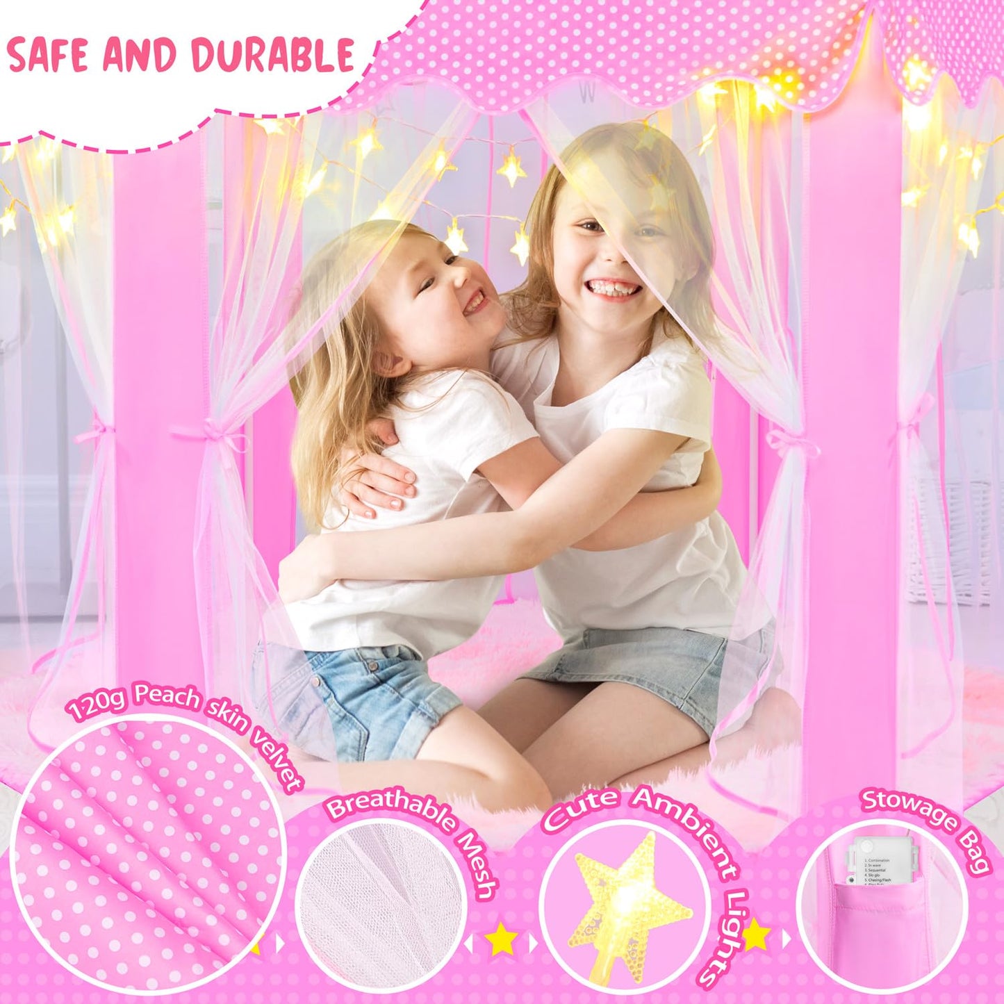KIXINWA Pink Princess Tent with LED Stars – Castle Playhouse for Kids (Indoor/Outdoor)