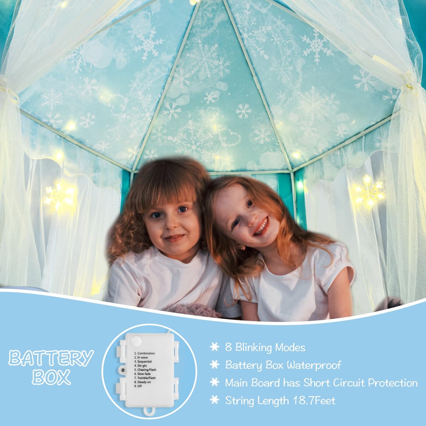 KIXINWA Frozen Princess Tent for Girls – Large Castle Playhouse with LED Snowflake Lights, 55×53 in