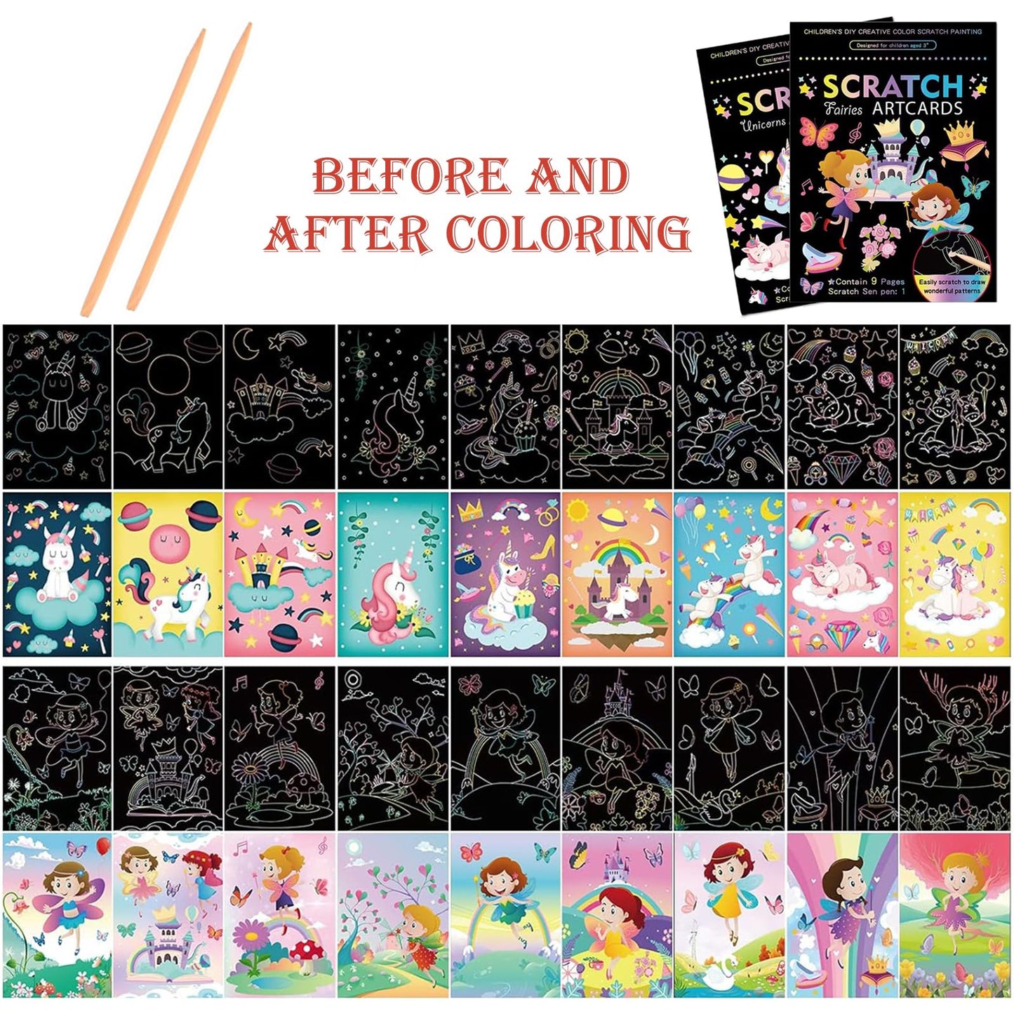 Kizcmvre Magical Scratch Art Book 2-Pack – Unicorn & Princess Rainbow Art for Kids