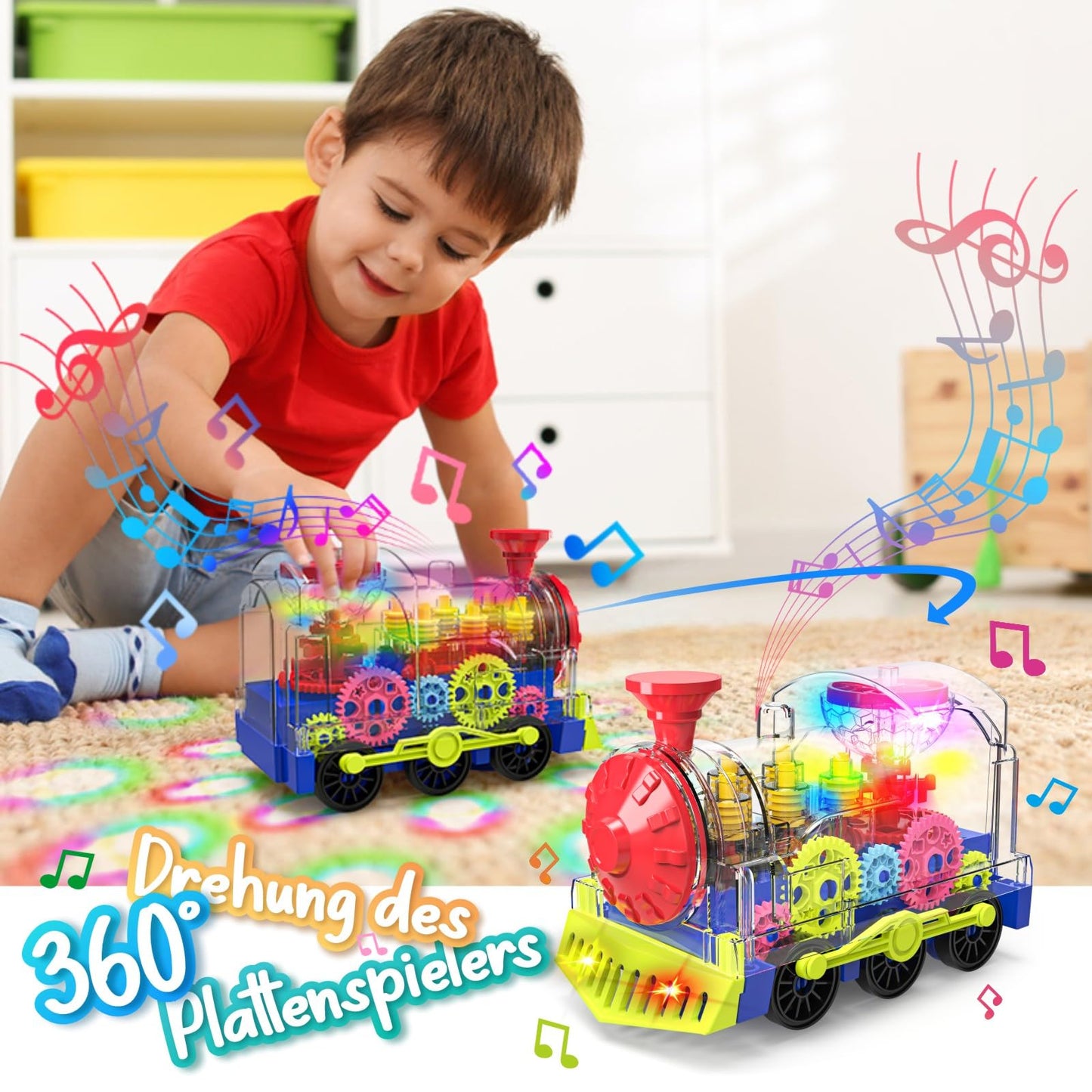 Kizeefun Light Up Train Toy for Toddlers — Transparent Gear Car with Lights & Music