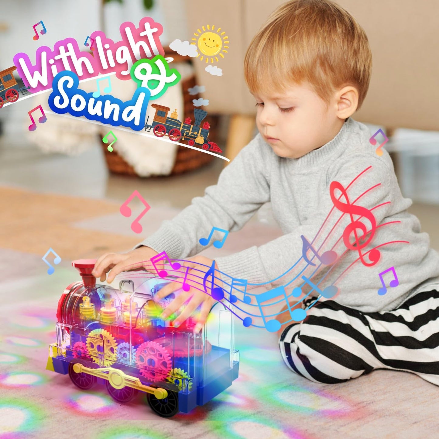 Kizeefun Light Up Train Toy for Toddlers — Transparent Gear Car with Lights & Music