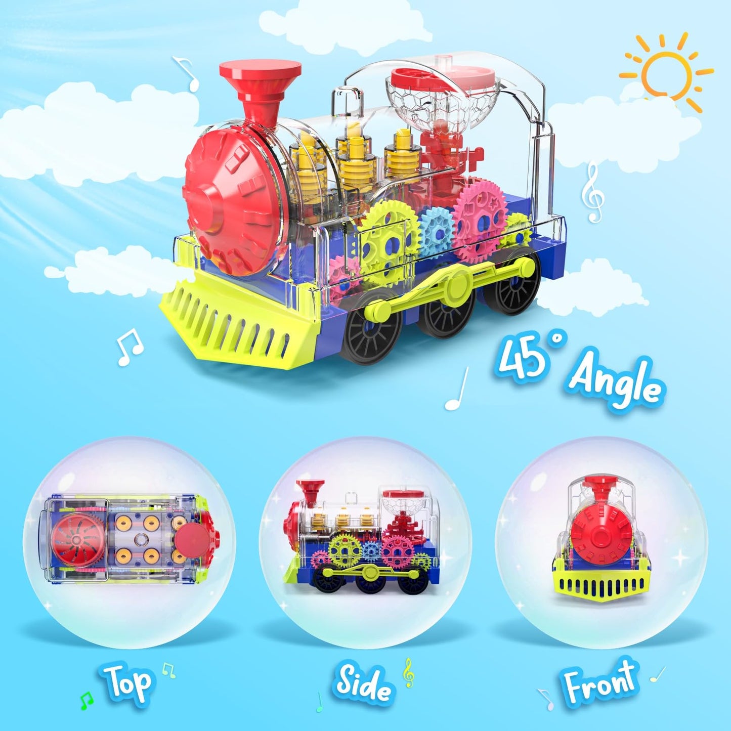 Kizeefun Light Up Train Toy for Toddlers — Transparent Gear Car with Lights & Music