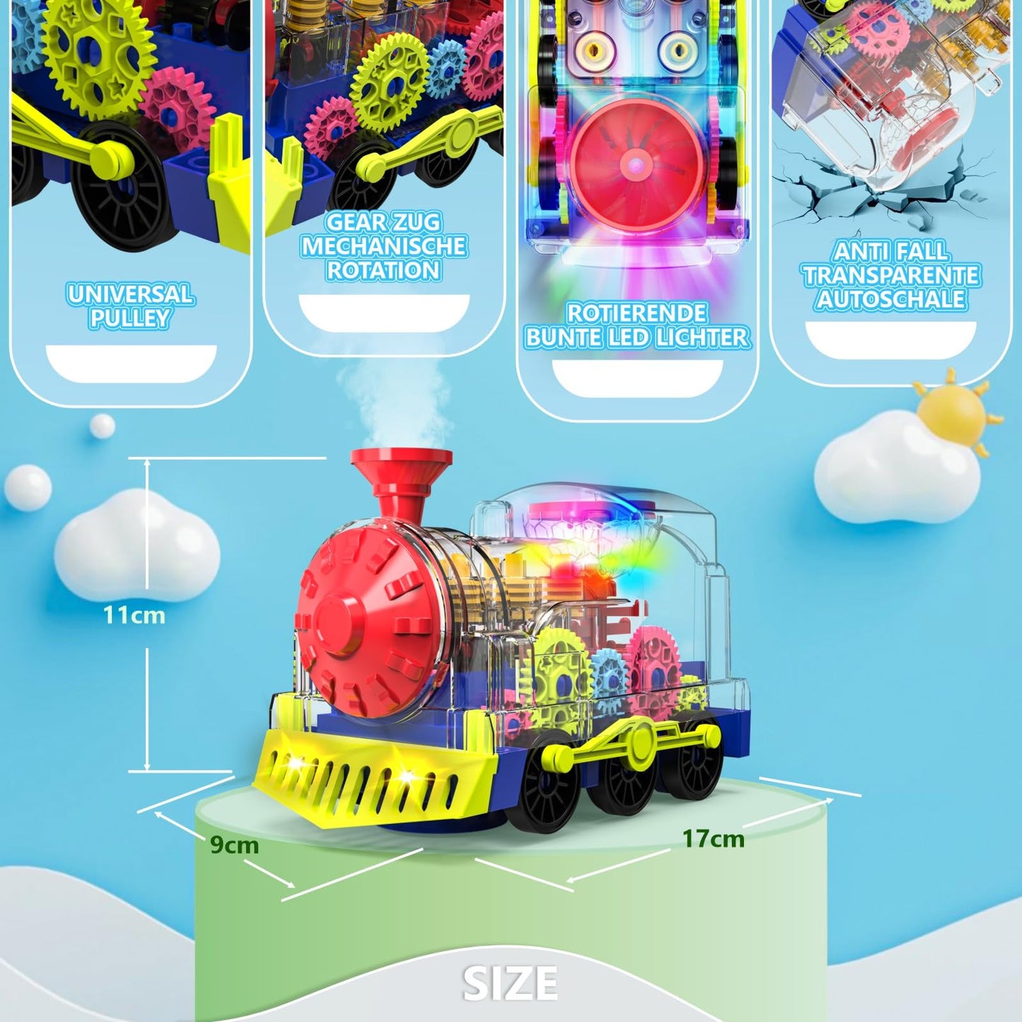 Kizeefun Light Up Train Toy for Toddlers — Transparent Gear Car with Lights & Music