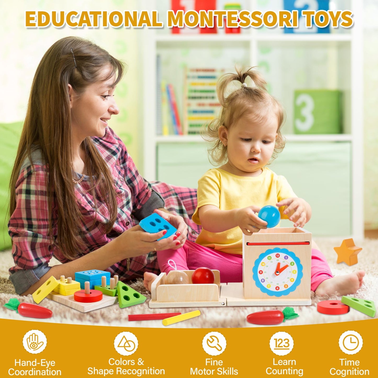 Kizfarm 8-in-1 Wooden Montessori Baby Toys Play Kit — Educational Wooden Toy Set for Toddlers
