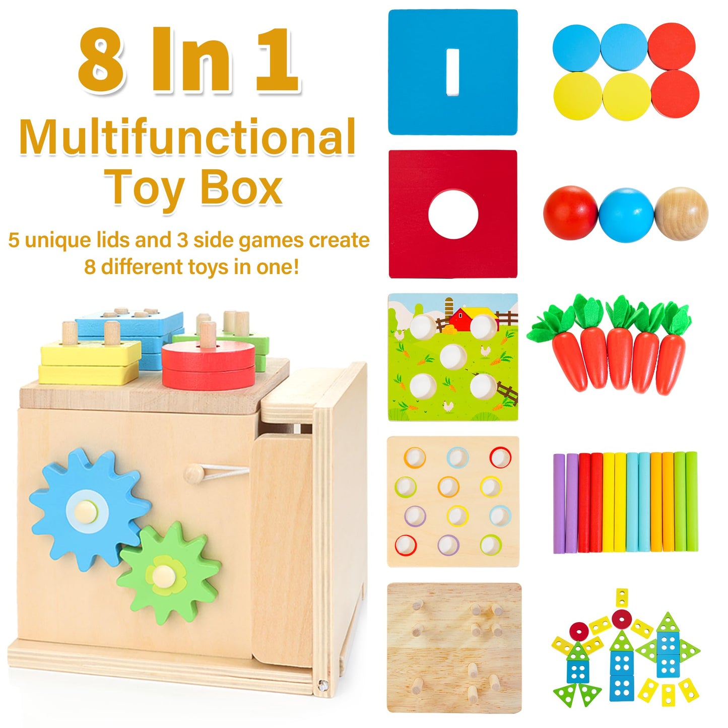 Kizfarm 8-in-1 Wooden Montessori Baby Toys Play Kit — Educational Wooden Toy Set for Toddlers