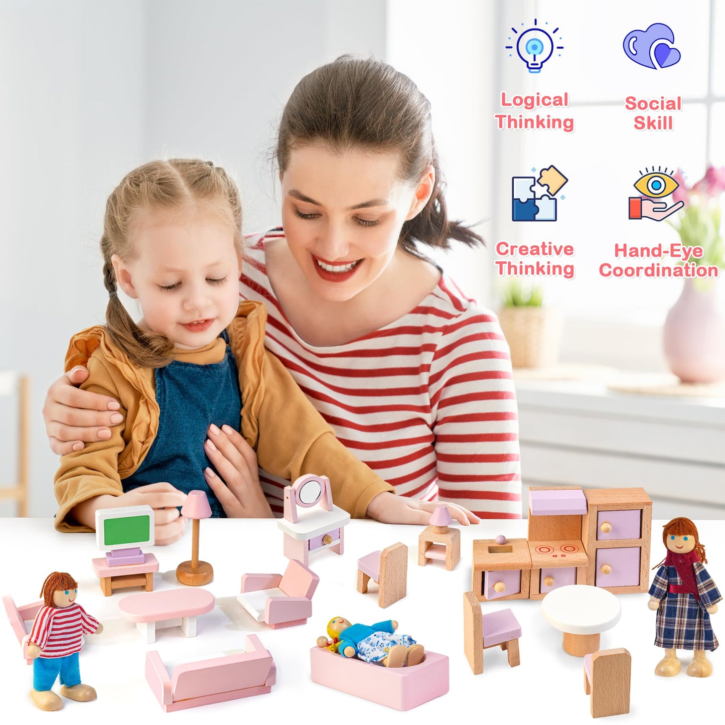 Kizfarm Wooden Dollhouse Furniture Set – 26-Piece Pink Playset for 4 Rooms with 4 Family Dolls
