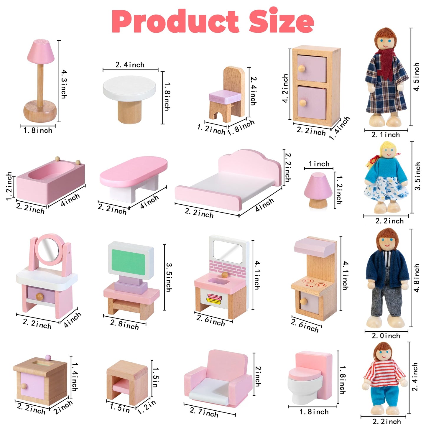 Kizfarm Wooden Dollhouse Furniture Set – 26-Piece Pink Playset for 4 Rooms with 4 Family Dolls