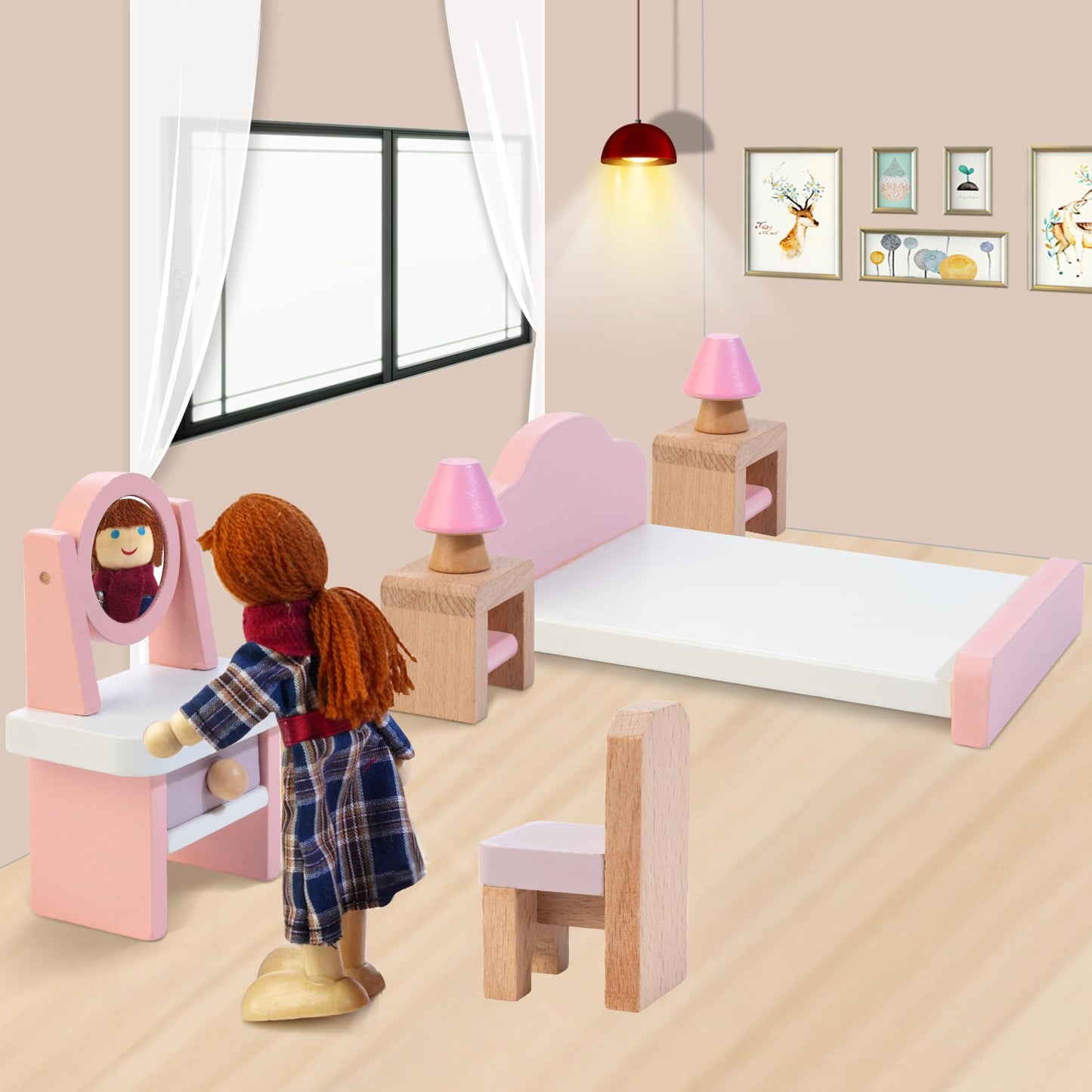 Kizfarm Wooden Dollhouse Furniture Set – 26-Piece Pink Playset for 4 Rooms with 4 Family Dolls