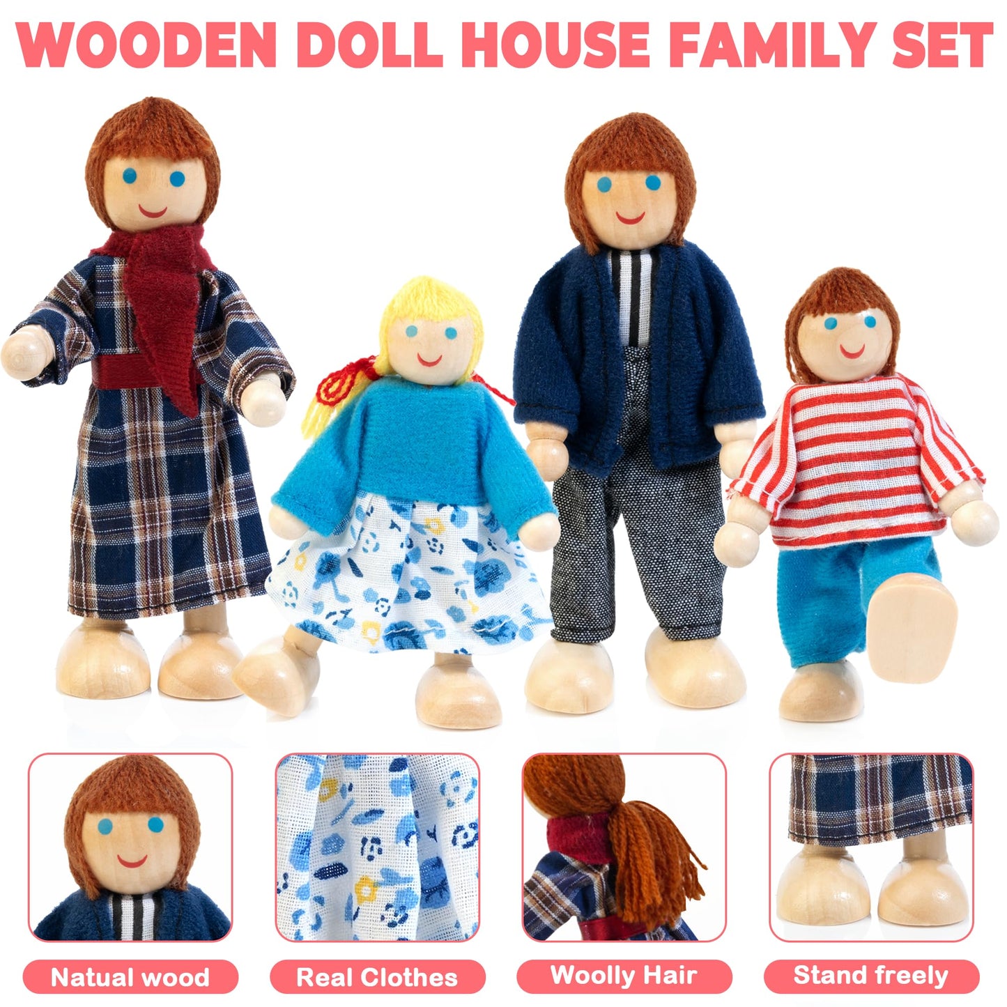 Kizfarm Wooden Dollhouse Furniture Set – 26-Piece Pink Playset for 4 Rooms with 4 Family Dolls
