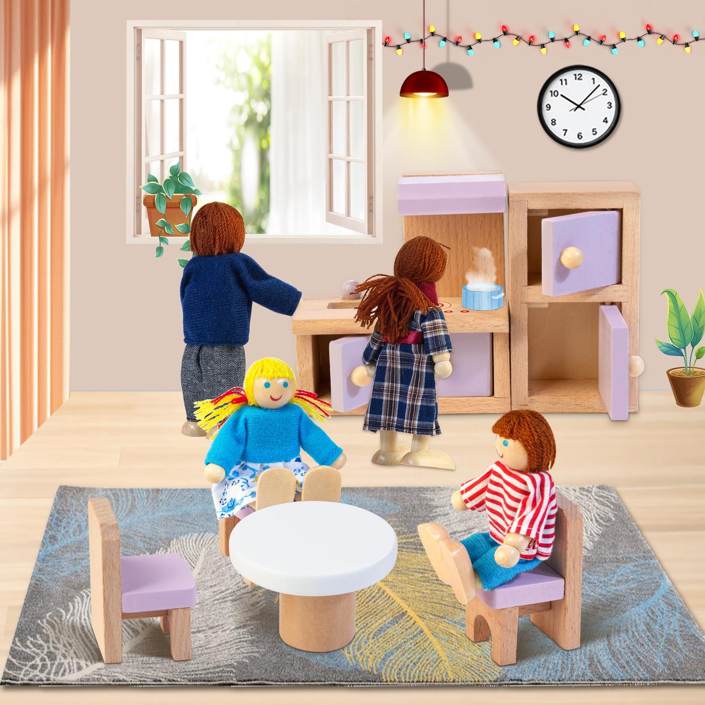Kizfarm Wooden Dollhouse Furniture Set – 26-Piece Pink Playset for 4 Rooms with 4 Family Dolls