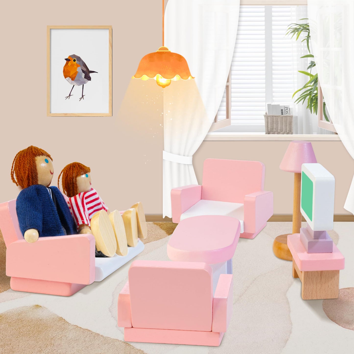 Kizfarm Wooden Dollhouse Furniture Set – 26-Piece Pink Playset for 4 Rooms with 4 Family Dolls
