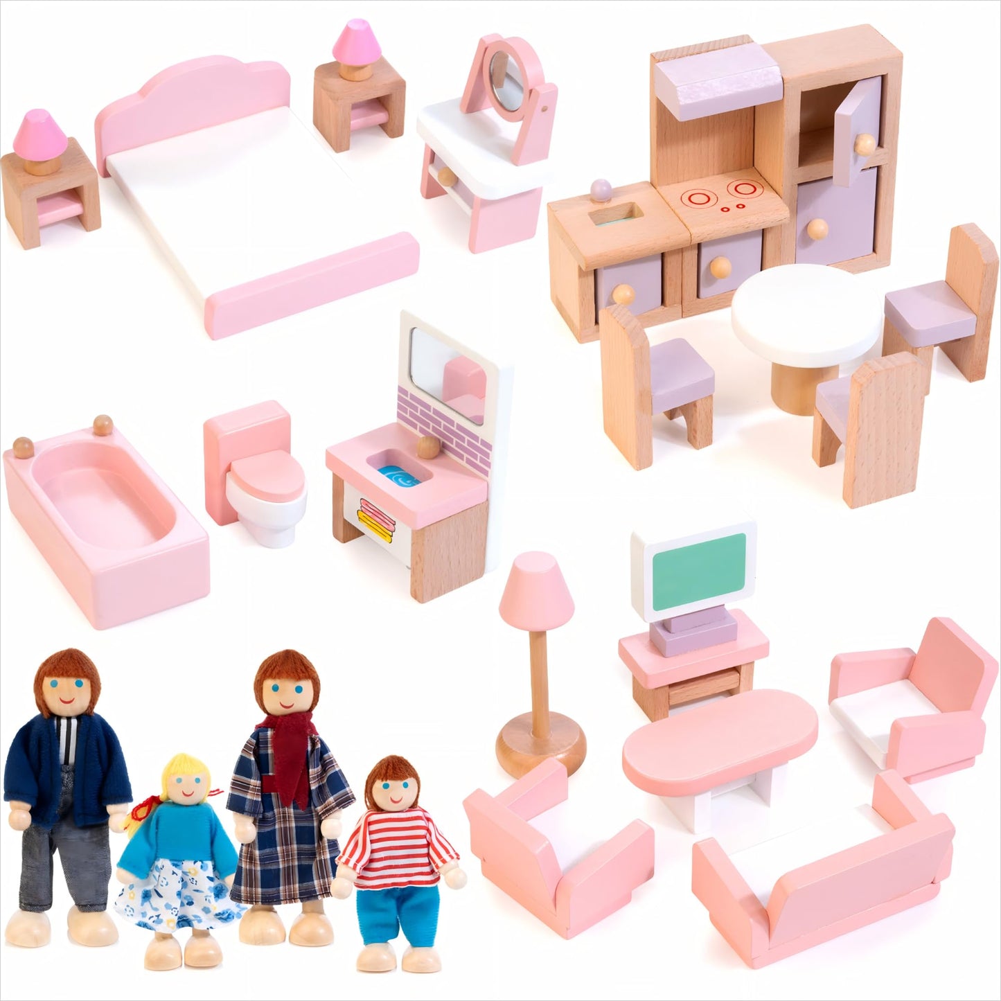 Kizfarm Wooden Dollhouse Furniture Set – 26-Piece Pink Playset for 4 Rooms with 4 Family Dolls