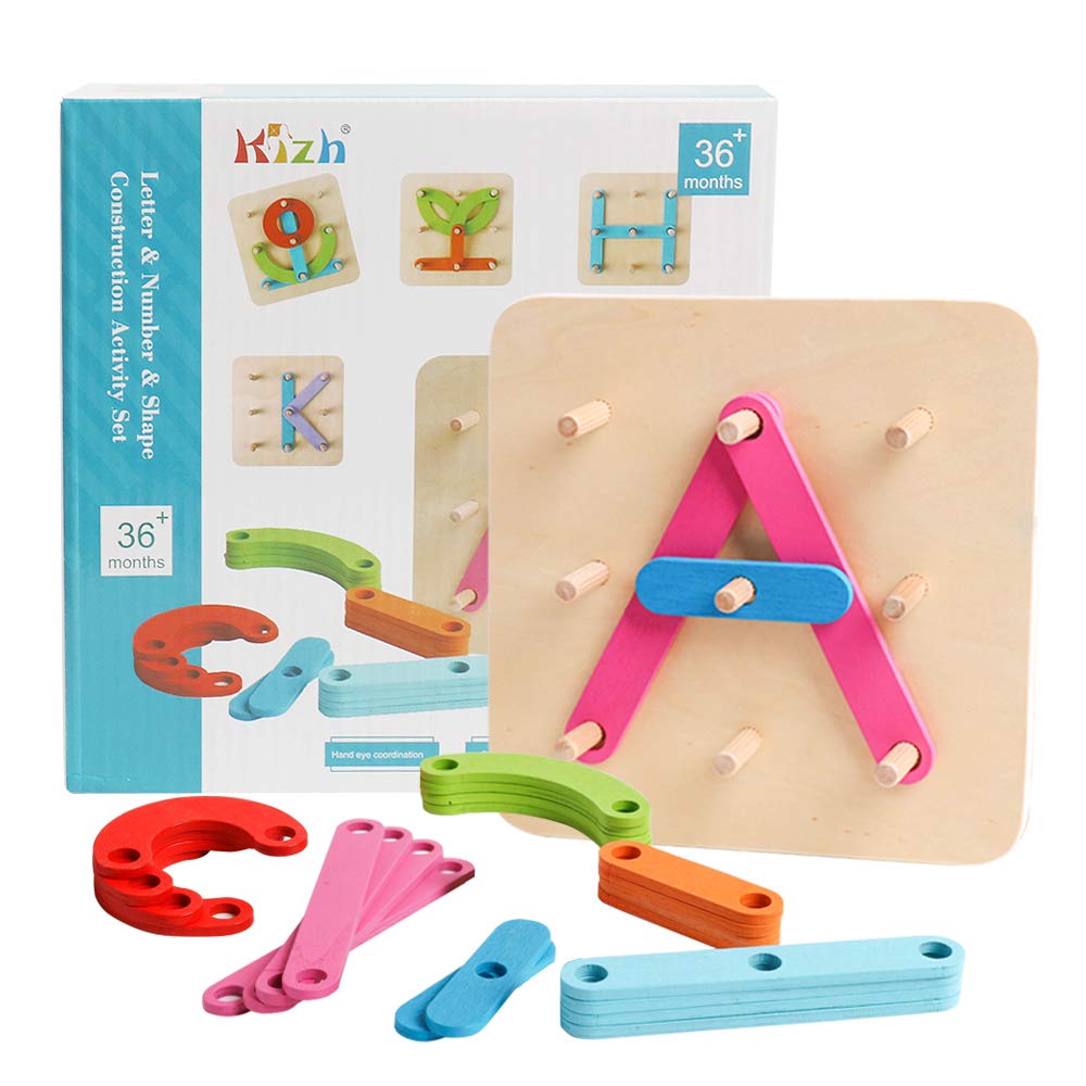 Kizh Wooden Letter & Number Construction Set – Pegboard Blocks for Preschool & Toddler Learning