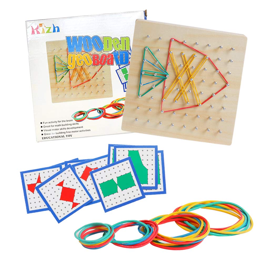 Kizh Wooden Geoboard – 8x8 Grid Math Manipulative, Montessori STEM Toy with 18 Geometric Cards & 40 Rubber Bands