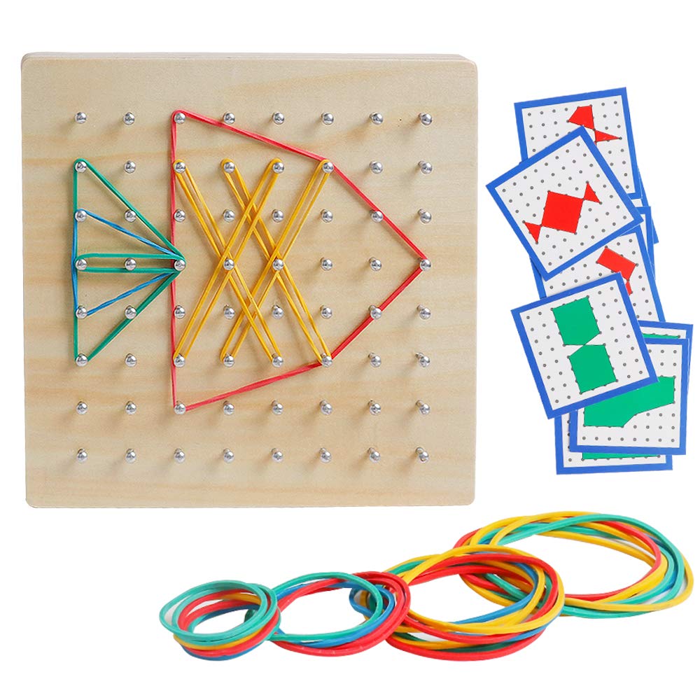 Kizh Wooden Geoboard – 8x8 Grid Math Manipulative, Montessori STEM Toy with 18 Geometric Cards & 40 Rubber Bands