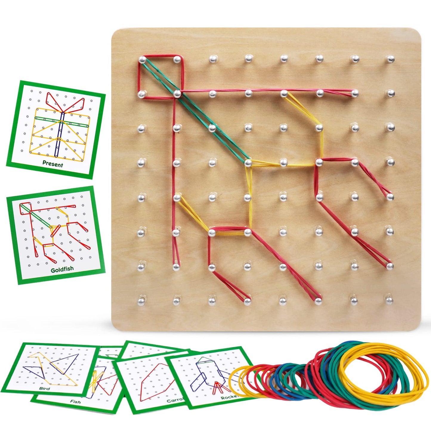 Kizh Wooden Geoboard – 8x8 Grid Math Manipulative, Montessori STEM Toy with 18 Geometric Cards & 40 Rubber Bands