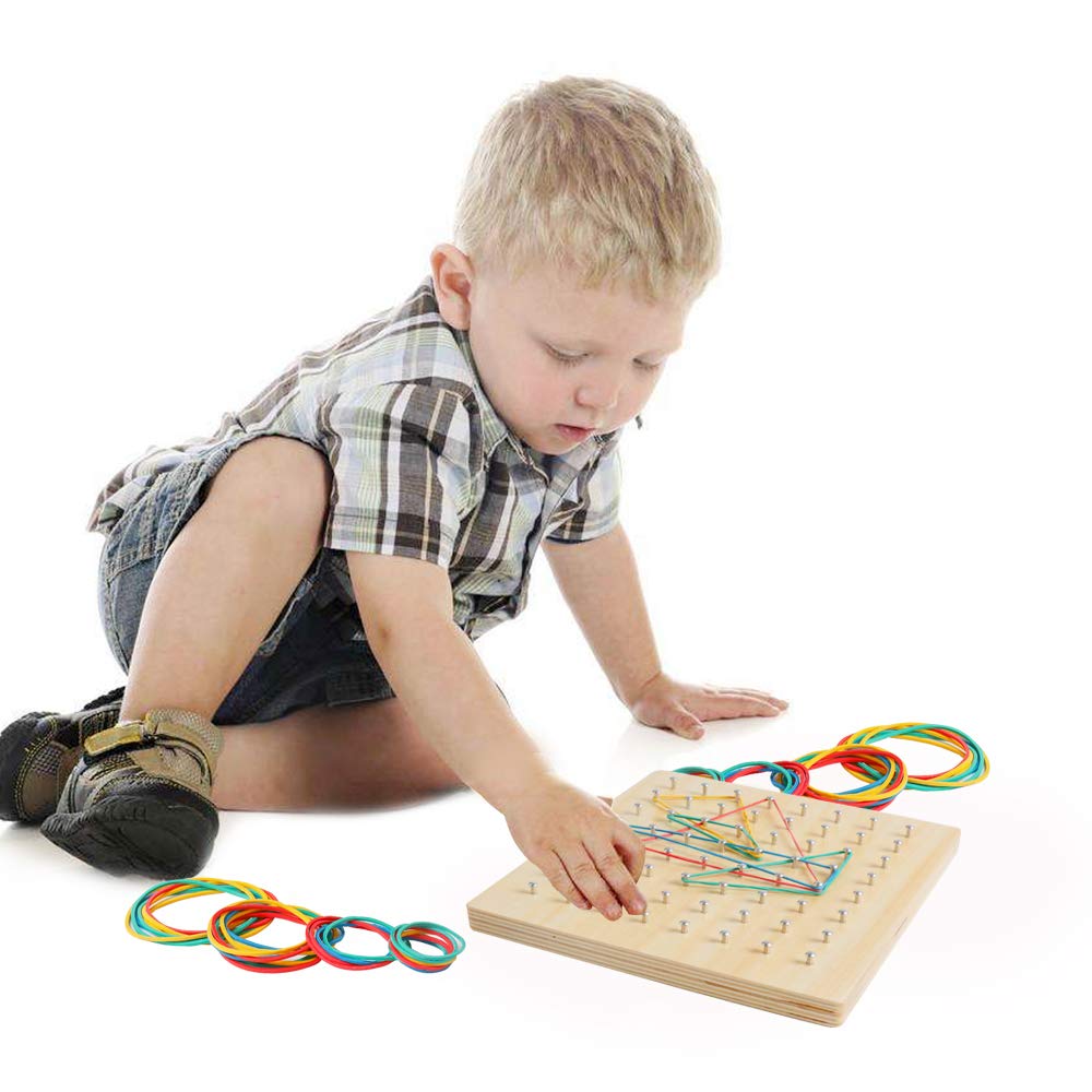 Kizh Wooden Geoboard – 8x8 Grid Math Manipulative, Montessori STEM Toy with 18 Geometric Cards & 40 Rubber Bands