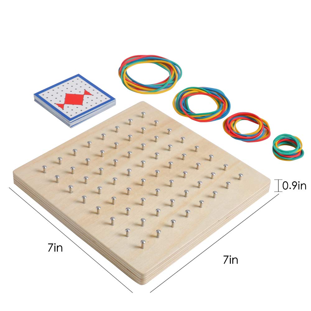 Kizh Wooden Geoboard – 8x8 Grid Math Manipulative, Montessori STEM Toy with 18 Geometric Cards & 40 Rubber Bands
