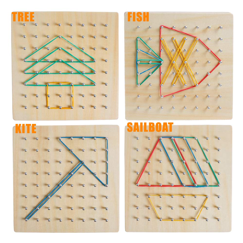 Kizh Wooden Geoboard – 8x8 Grid Math Manipulative, Montessori STEM Toy with 18 Geometric Cards & 40 Rubber Bands