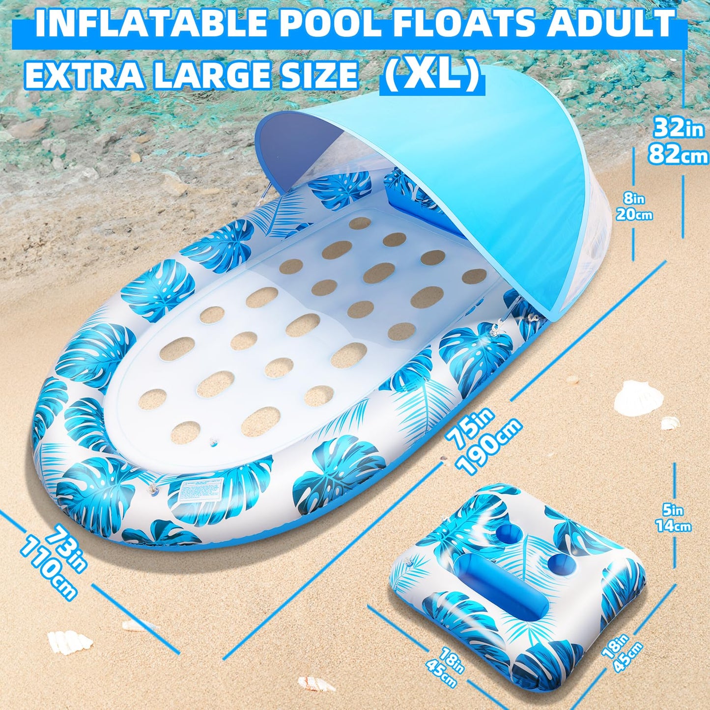KIZJORYA 2025 3-in-1 Pool Float with Canopy & Cup Holder – Heavy-Duty Adult Lounger