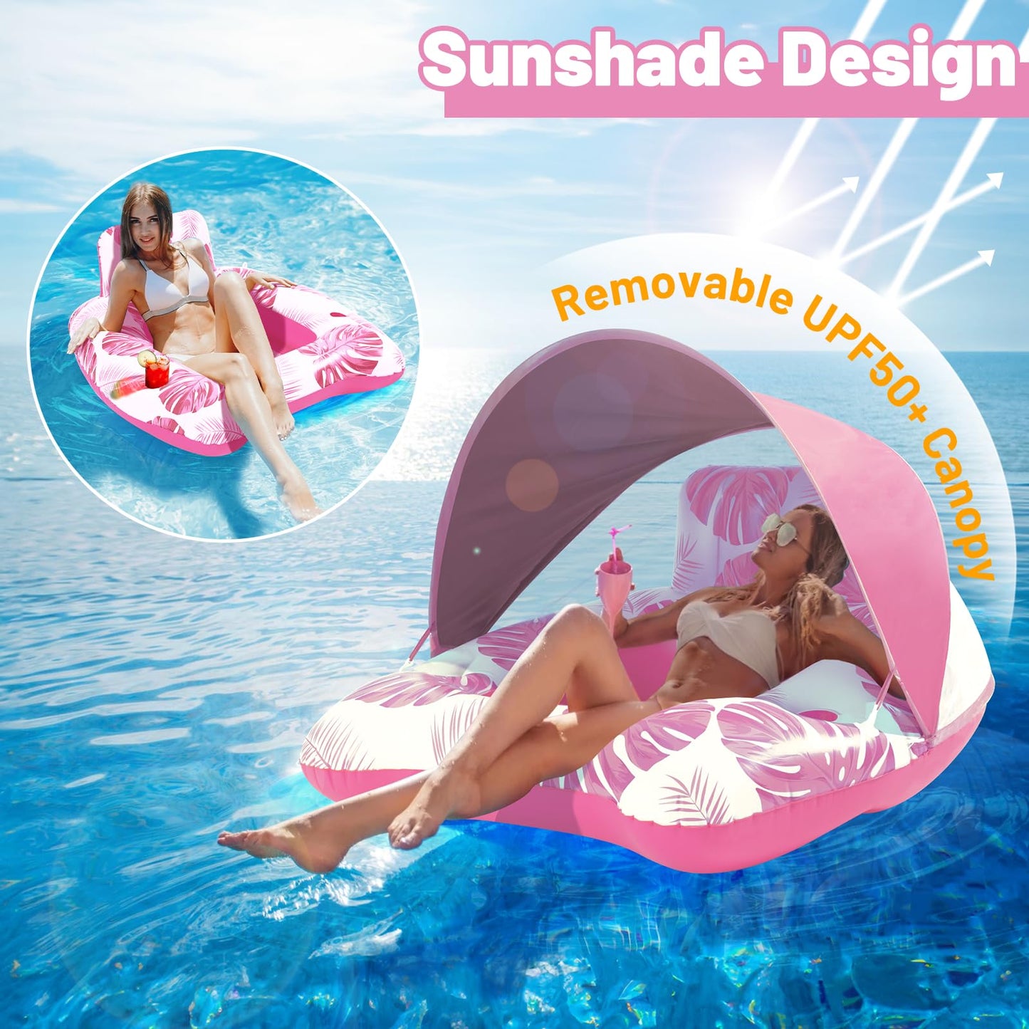 KIZJORYA Upgraded Heavy-Duty Pool Float with Canopy – XL Lounger with Backrest & Cup Holders