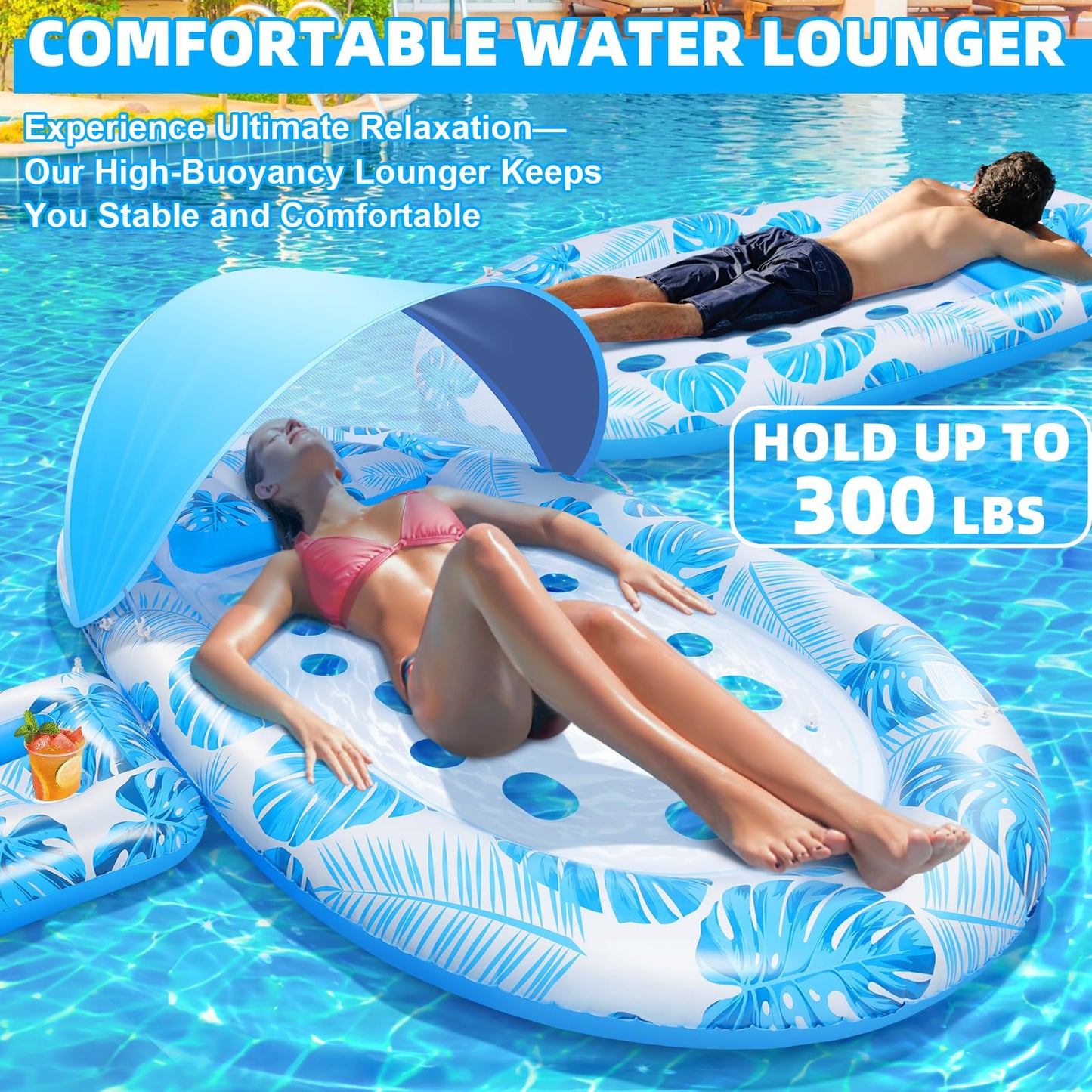 KIZJORYA 2025 3-in-1 Pool Float with Canopy & Cup Holder – Heavy-Duty Adult Lounger