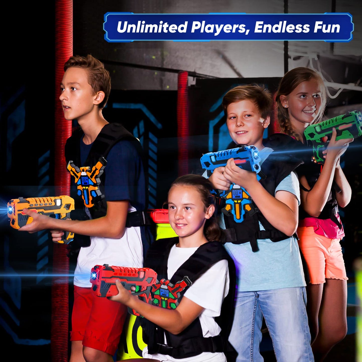 KIZJORYA Rechargeable Laser Tag Guns — 4 Guns & 4 Vests with LCDs