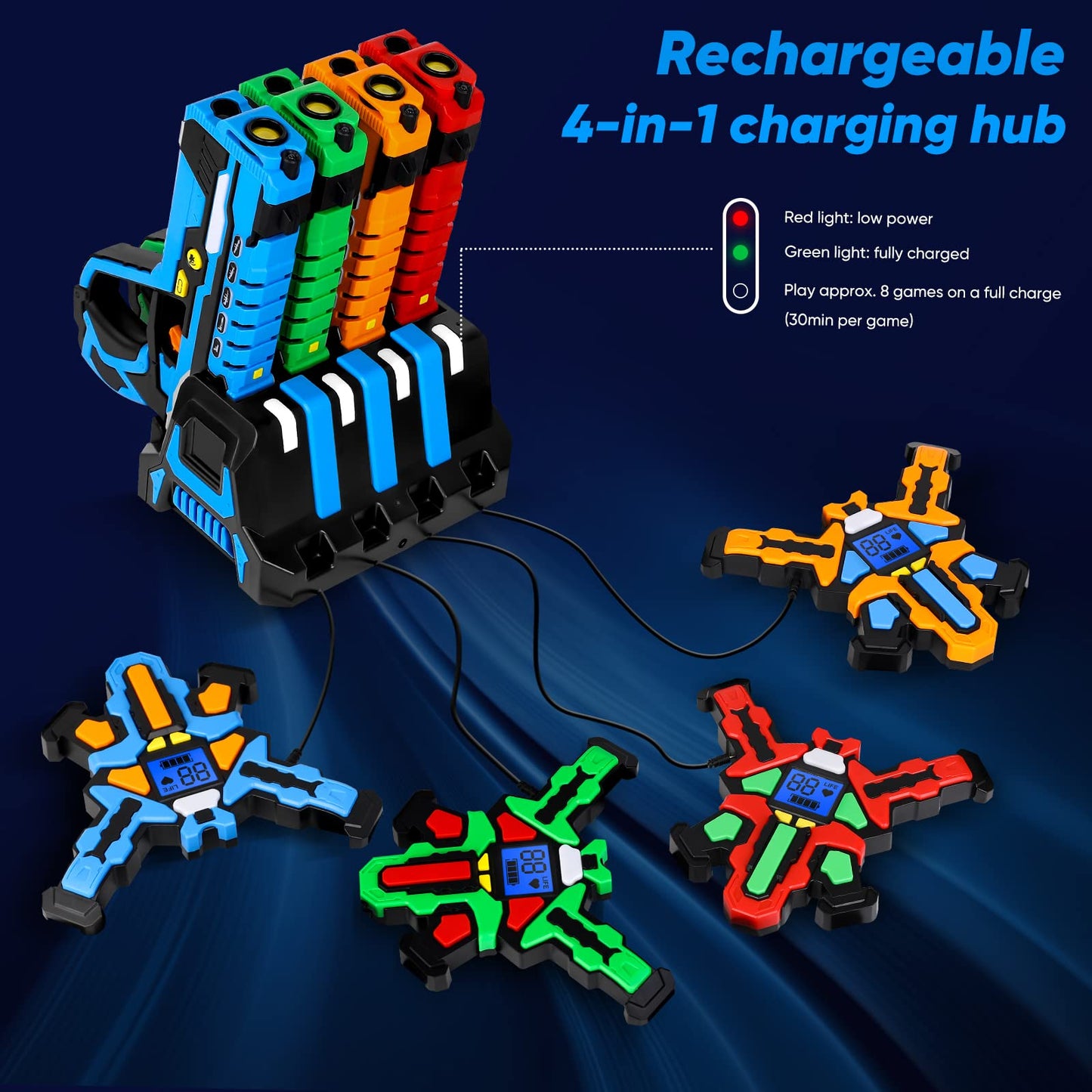 KIZJORYA Rechargeable Laser Tag Guns — 4 Guns & 4 Vests with LCDs