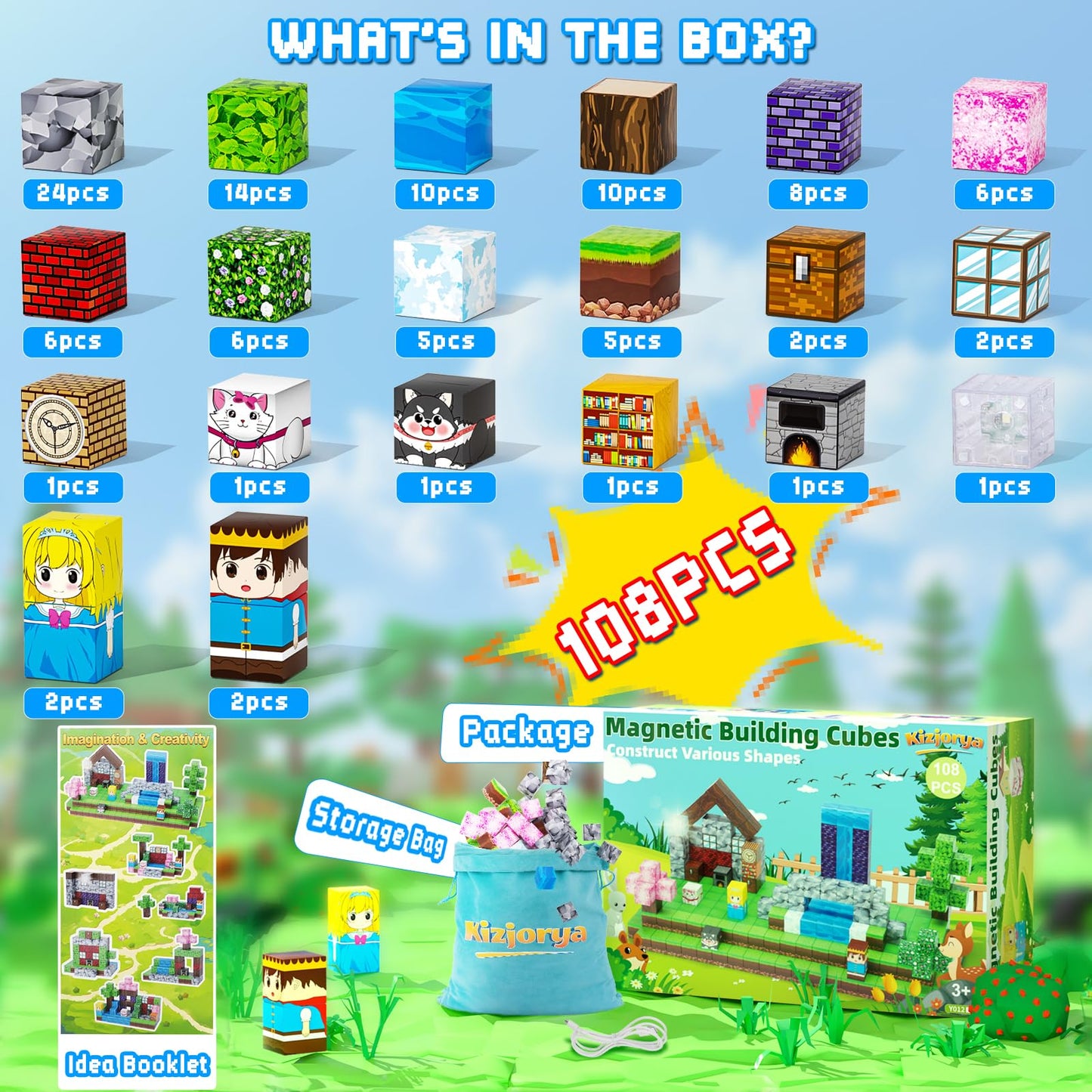 KIZJORYA 108PCS Magnetic Blocks Forest World — STEM Building Toys for Kids Aged 3-12 | Montessori Sensory