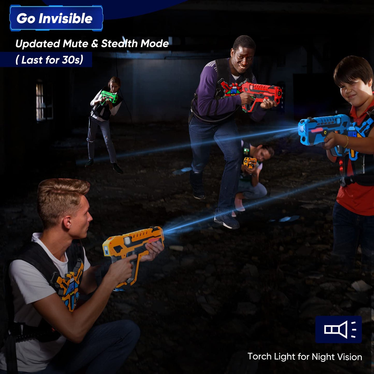 KIZJORYA Rechargeable Laser Tag Guns — 4 Guns & 4 Vests with LCDs