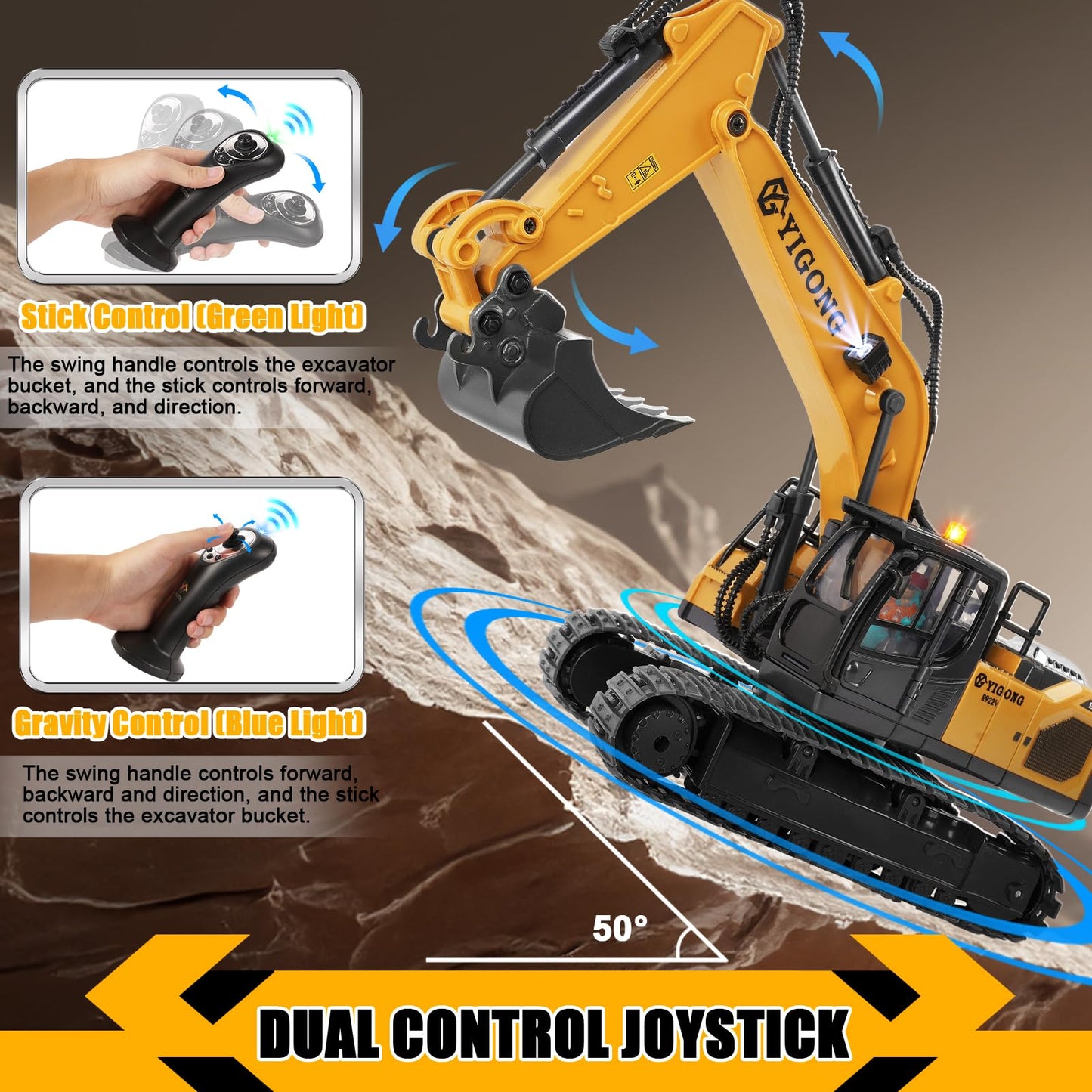 KIZJORYA Remote Control Excavator Toy – 11-Channel 2.4 GHz Gravity Dual-Control, Lights & Sounds for Kids 6–12