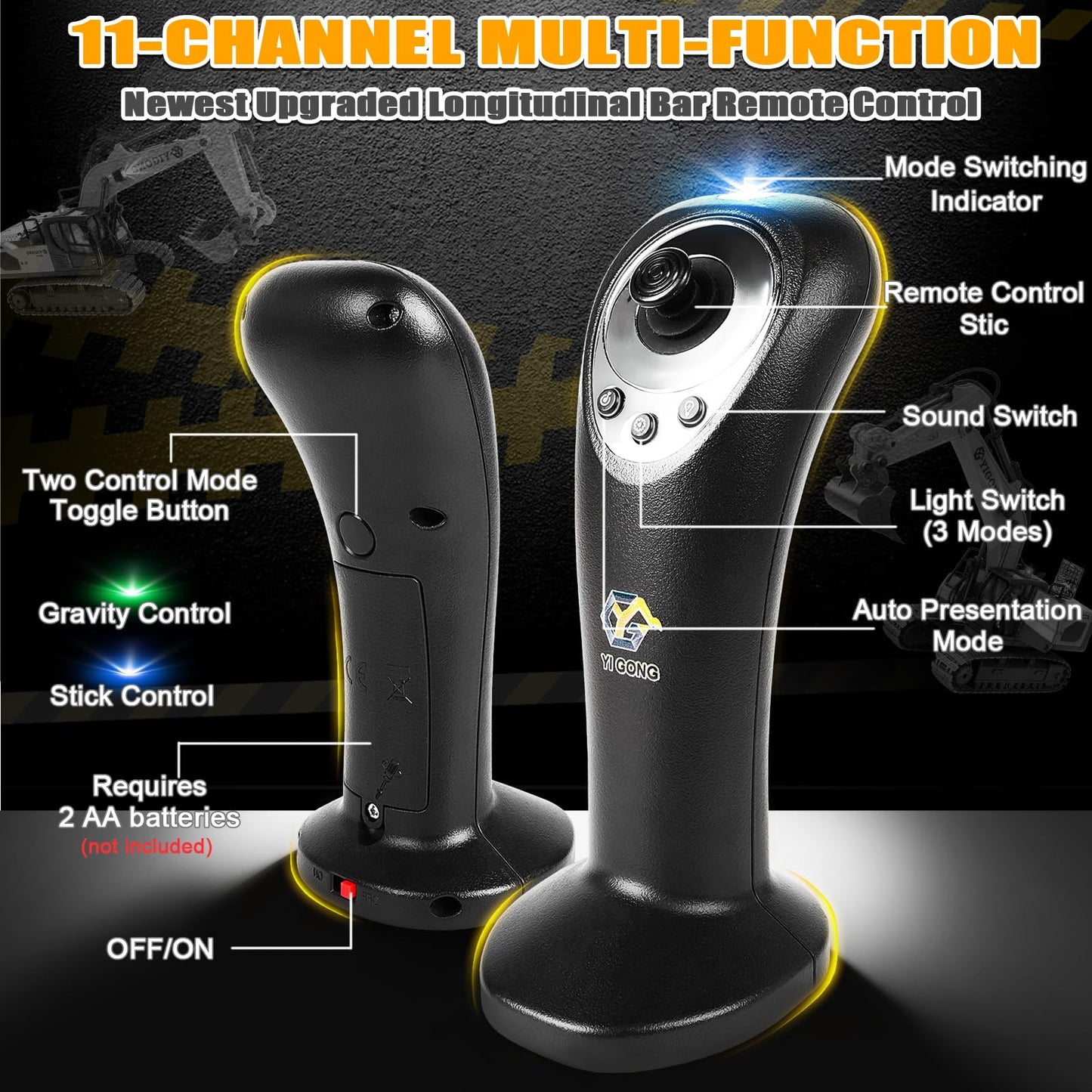 KIZJORYA Remote Control Excavator Toy – 11-Channel 2.4 GHz Gravity Dual-Control, Lights & Sounds for Kids 6–12
