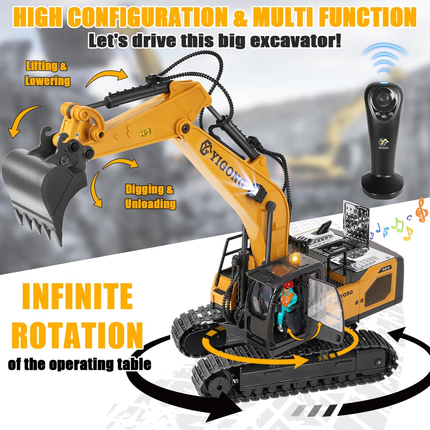 KIZJORYA Remote Control Excavator Toy – 11-Channel 2.4 GHz Gravity Dual-Control, Lights & Sounds for Kids 6–12