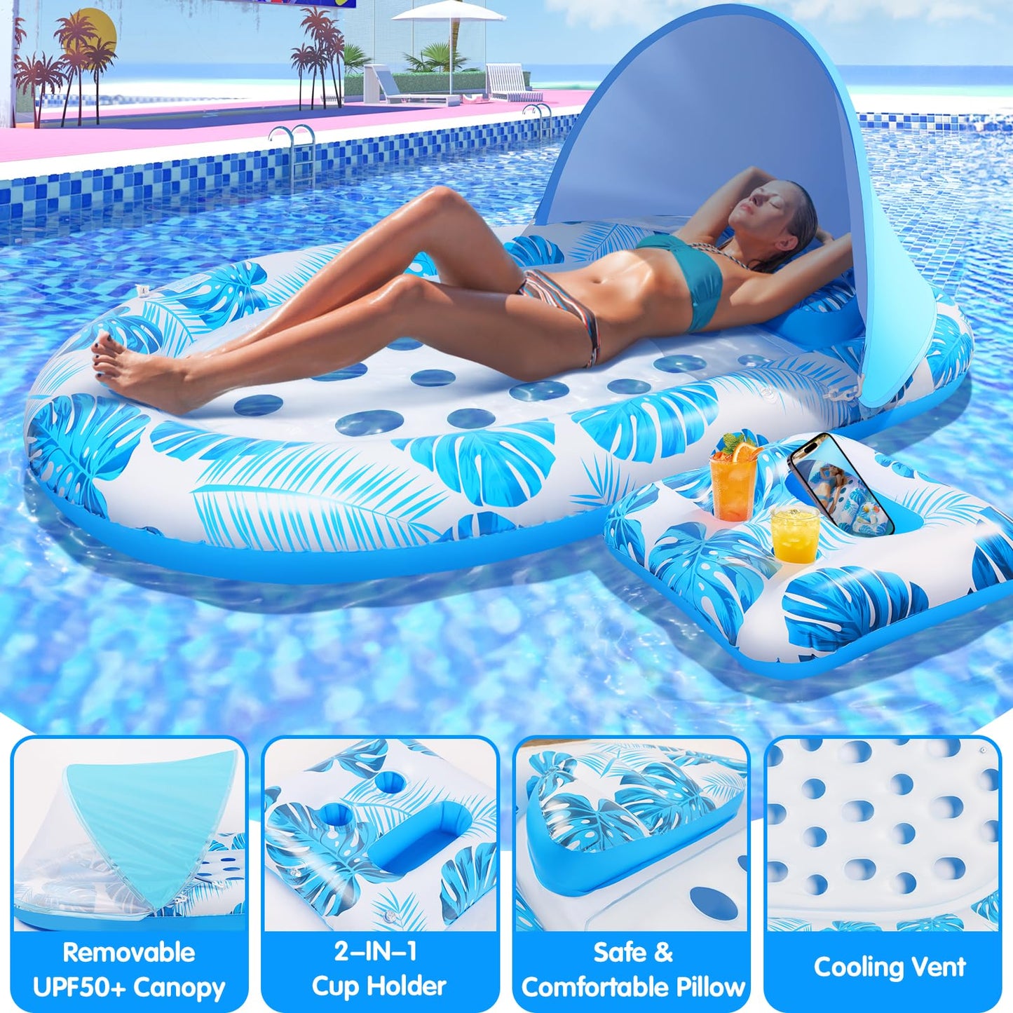 KIZJORYA 2025 3-in-1 Pool Float with Canopy & Cup Holder – Heavy-Duty Adult Lounger