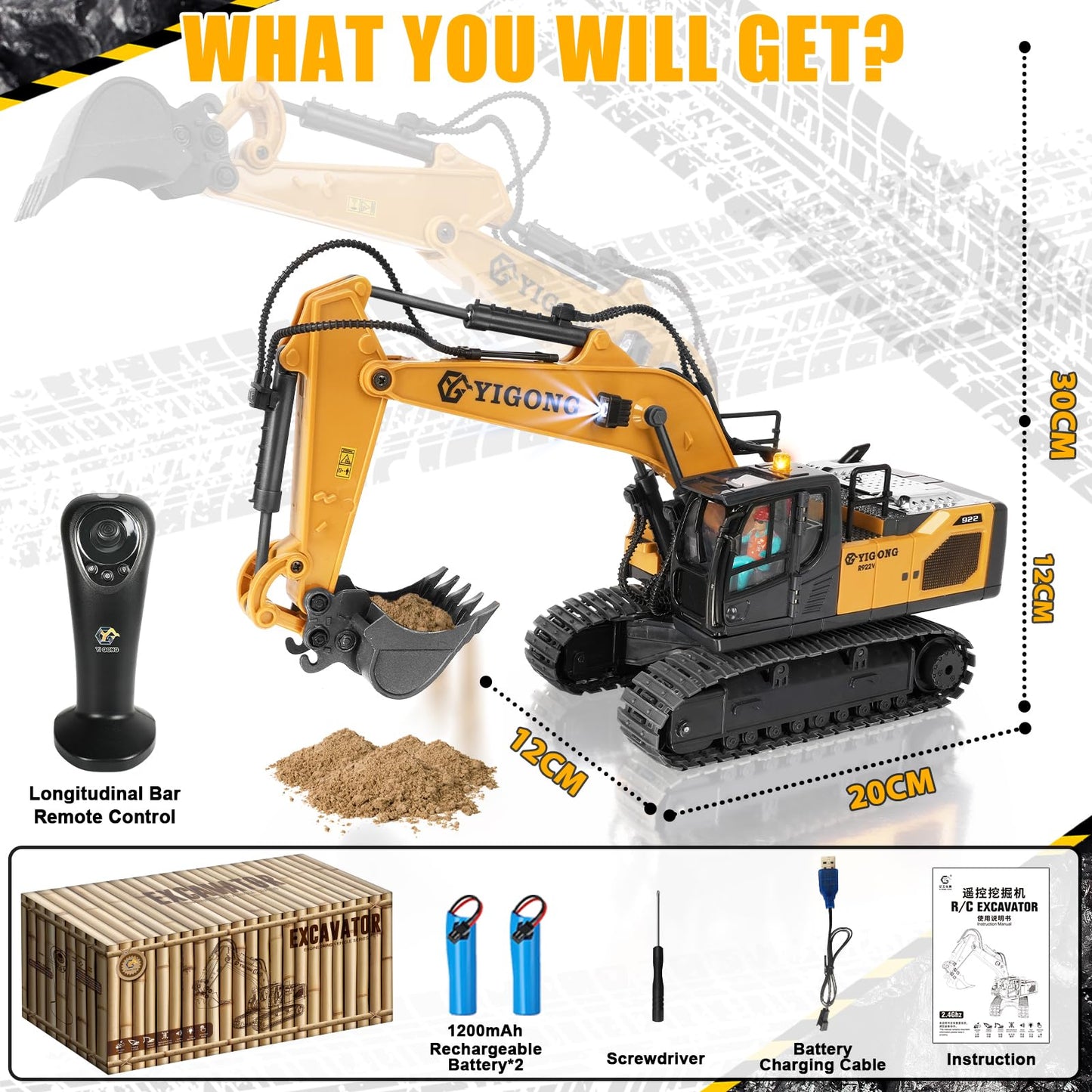 KIZJORYA Remote Control Excavator Toy – 11-Channel 2.4 GHz Gravity Dual-Control, Lights & Sounds for Kids 6–12
