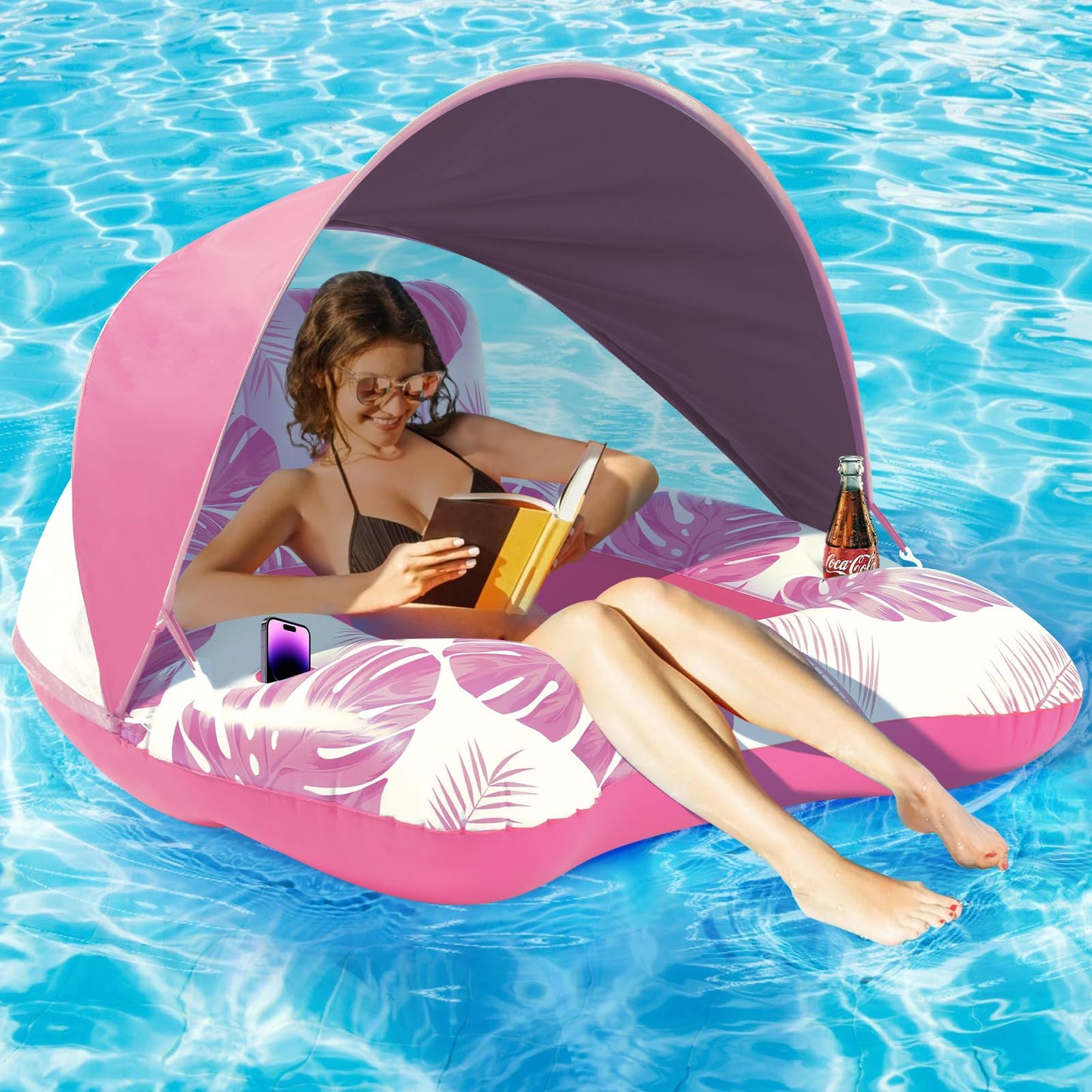 KIZJORYA Upgraded Heavy-Duty Pool Float with Canopy – XL Lounger with Backrest & Cup Holders