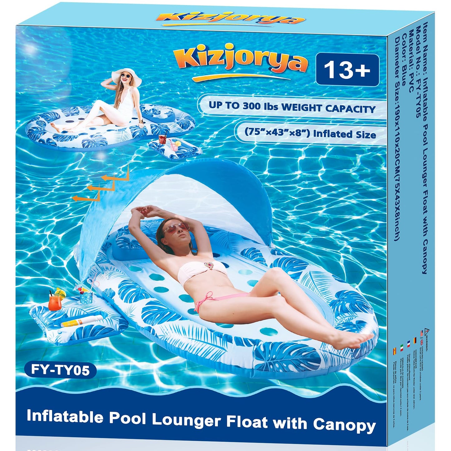 KIZJORYA 2025 3-in-1 Pool Float with Canopy & Cup Holder – Heavy-Duty Adult Lounger