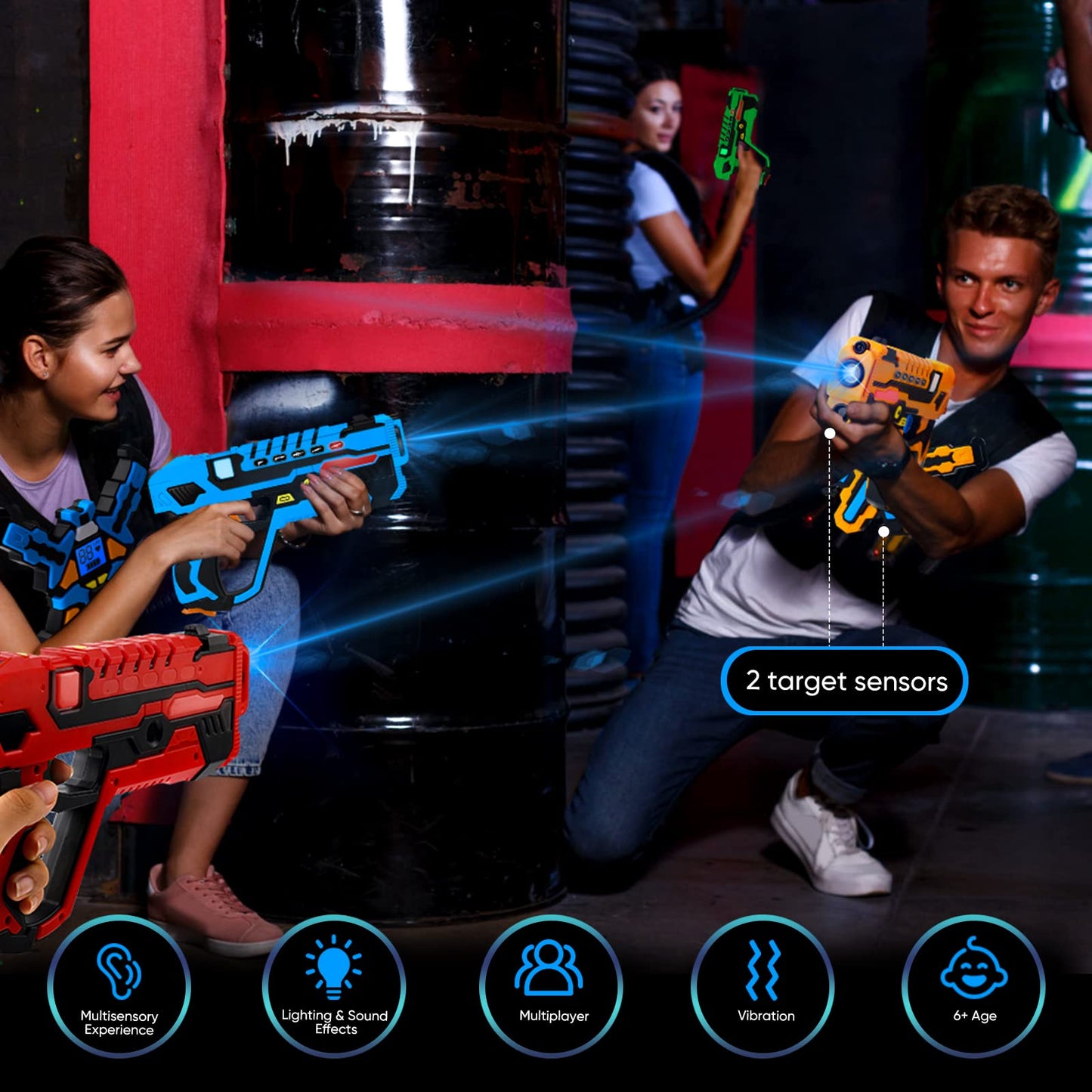 KIZJORYA Rechargeable Laser Tag Guns — 4 Guns & 4 Vests with LCDs
