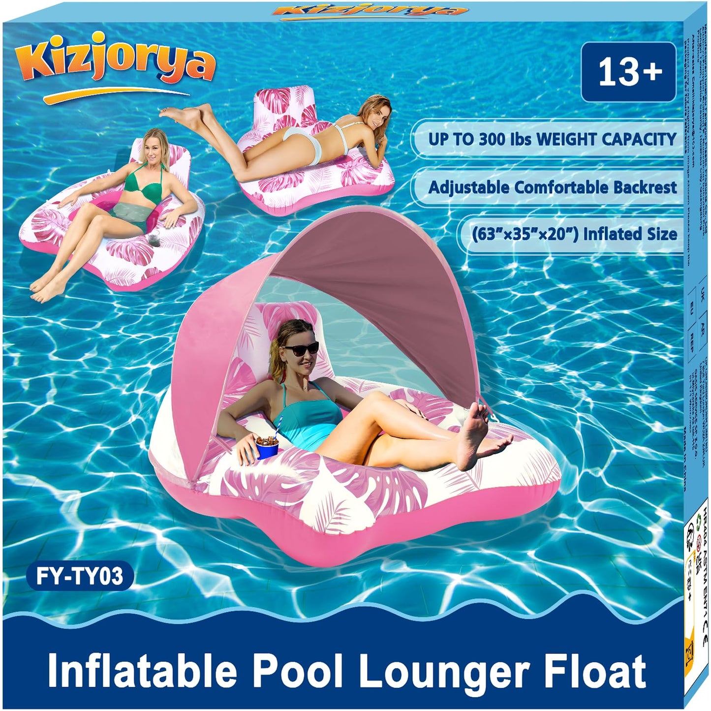 KIZJORYA Upgraded Heavy-Duty Pool Float with Canopy – XL Lounger with Backrest & Cup Holders