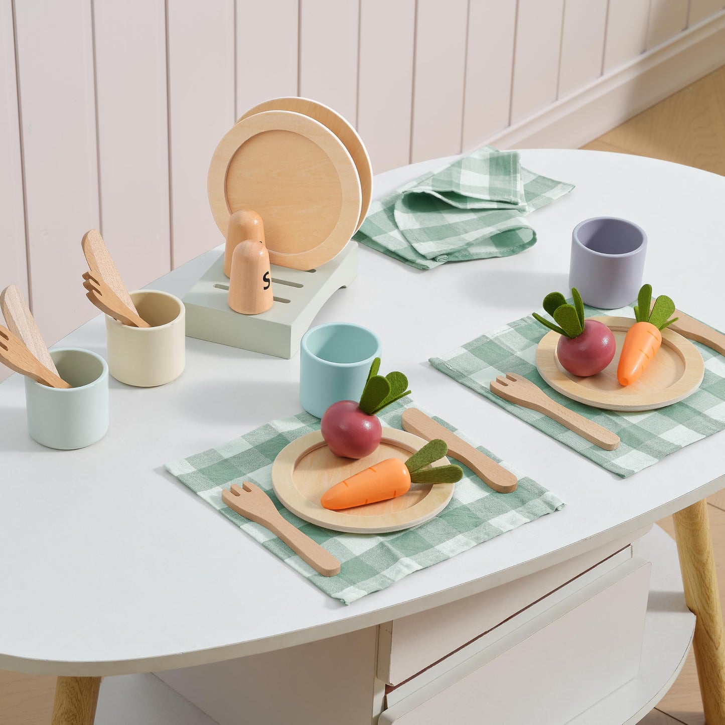 KizKnows Wooden Toy Dish Set – Kids Plates, Cups & Utensils for Pretend Play