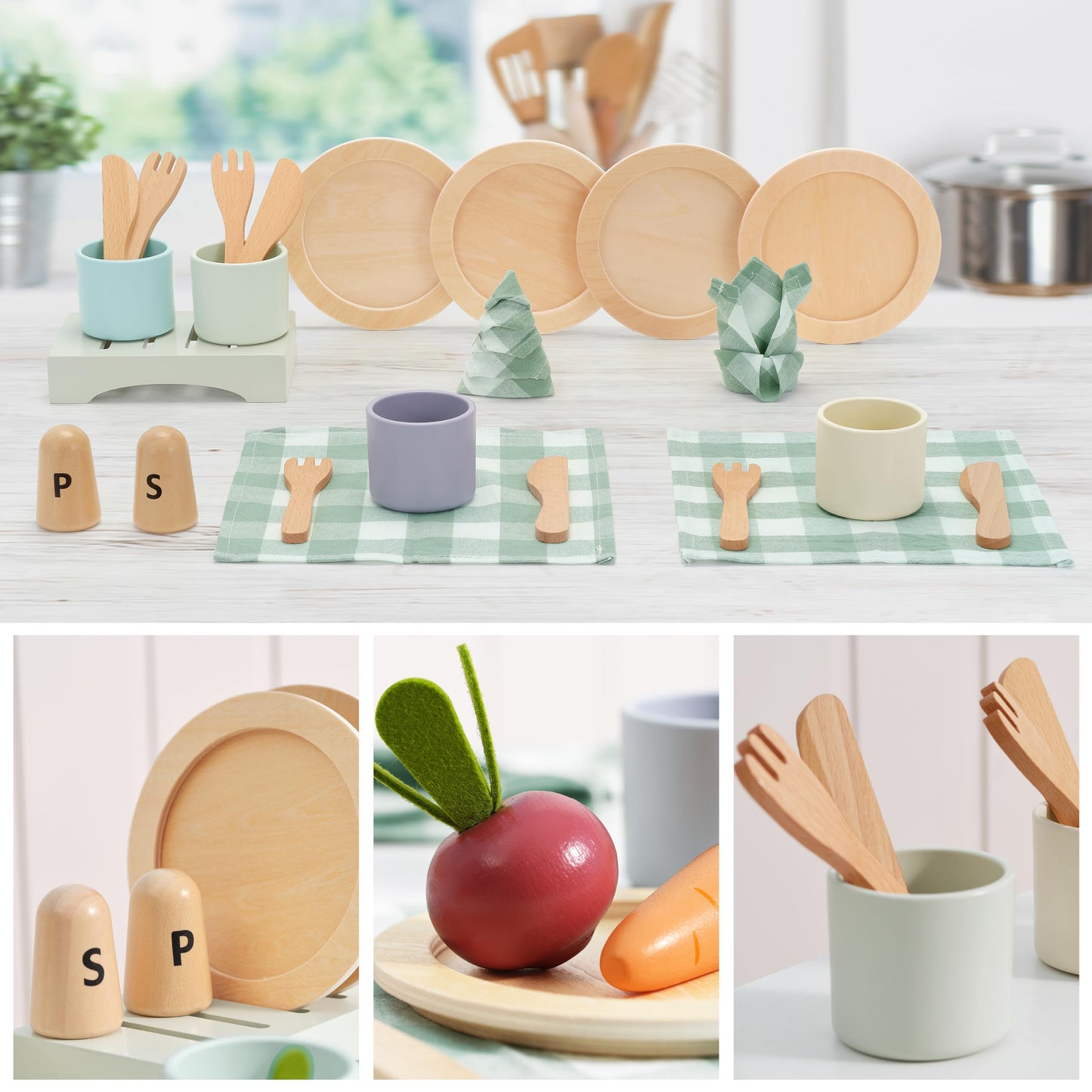 KizKnows Wooden Toy Dish Set – Kids Plates, Cups & Utensils for Pretend Play