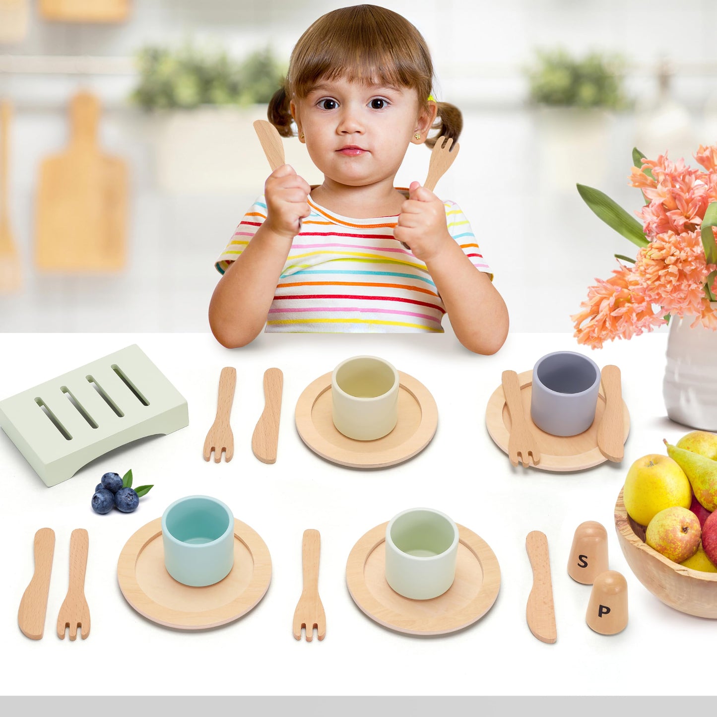 KizKnows Wooden Toy Dish Set – Kids Plates, Cups & Utensils for Pretend Play