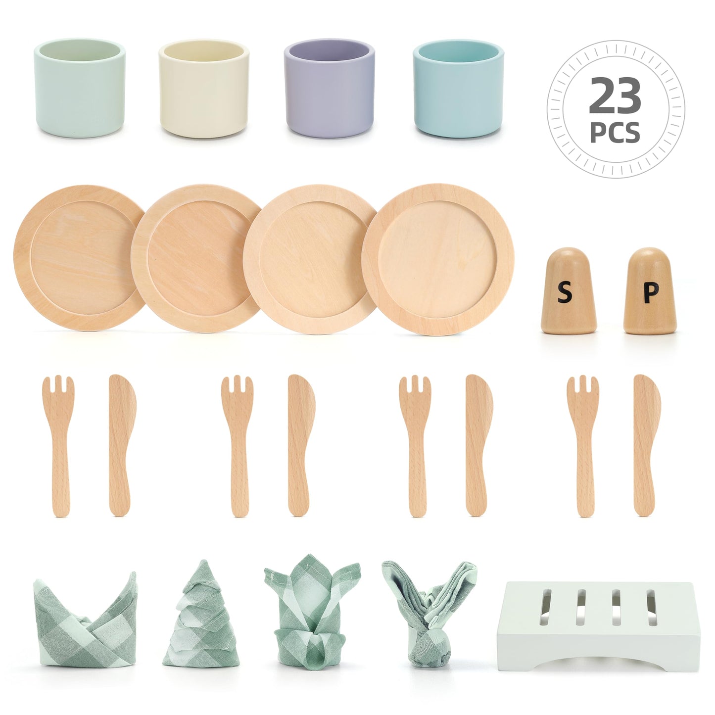 KizKnows Wooden Toy Dish Set – Kids Plates, Cups & Utensils for Pretend Play