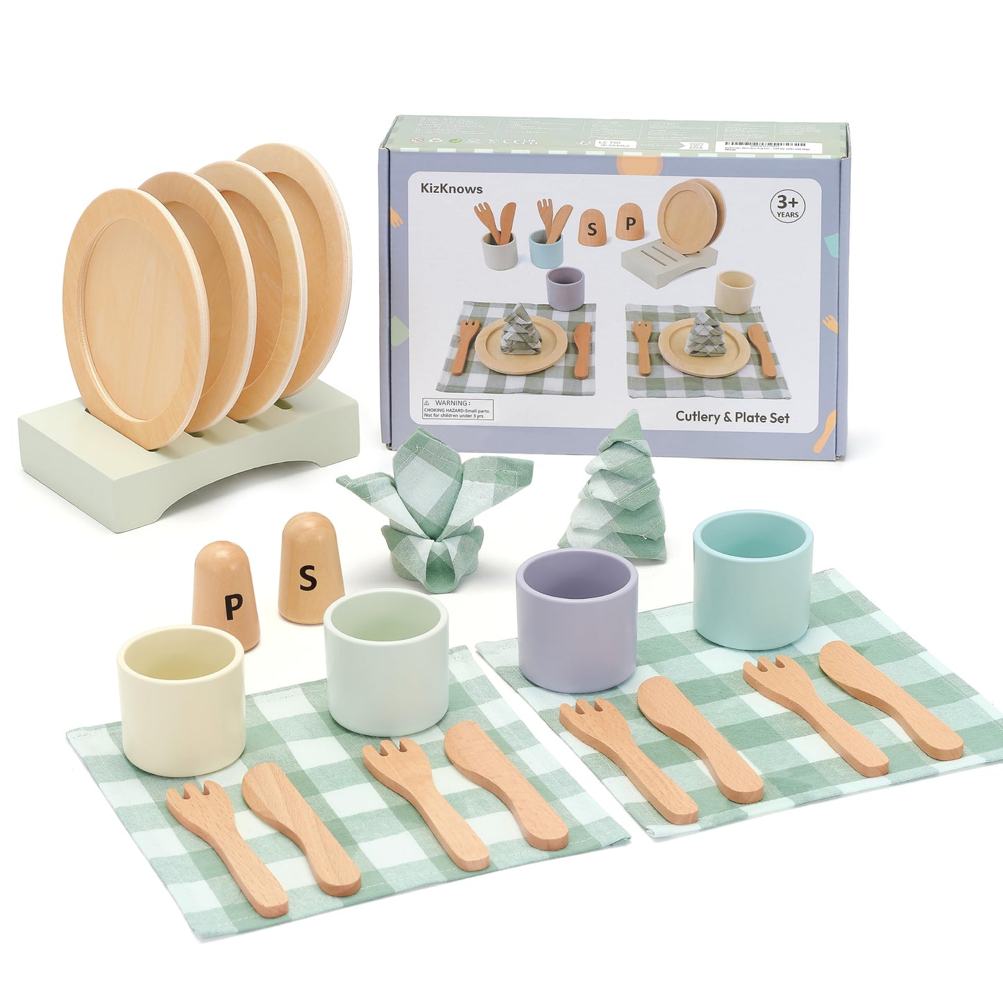 KizKnows Wooden Toy Dish Set – Kids Plates, Cups & Utensils for Pretend Play
