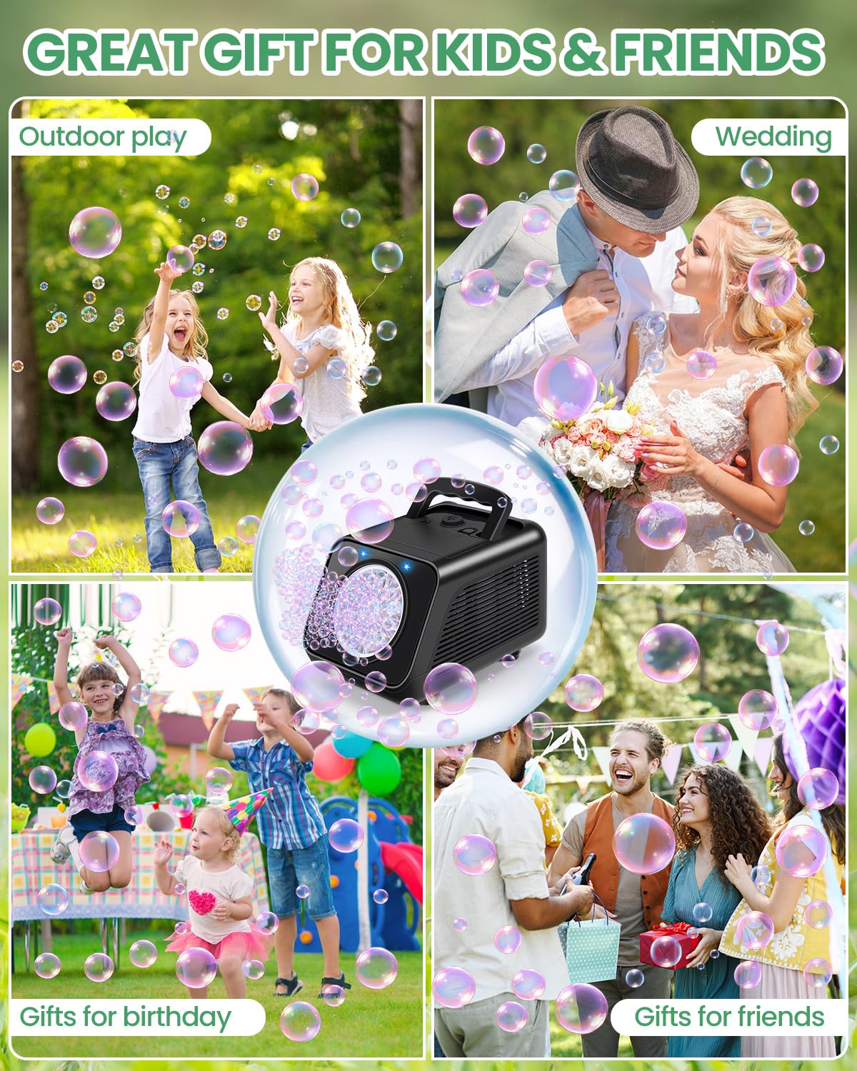 Kizmore Bubble Machine – Automatic Bubble Blower for Kids, 20,000+ Bubbles/Min, Battery-Operated Indoor/Outdoor