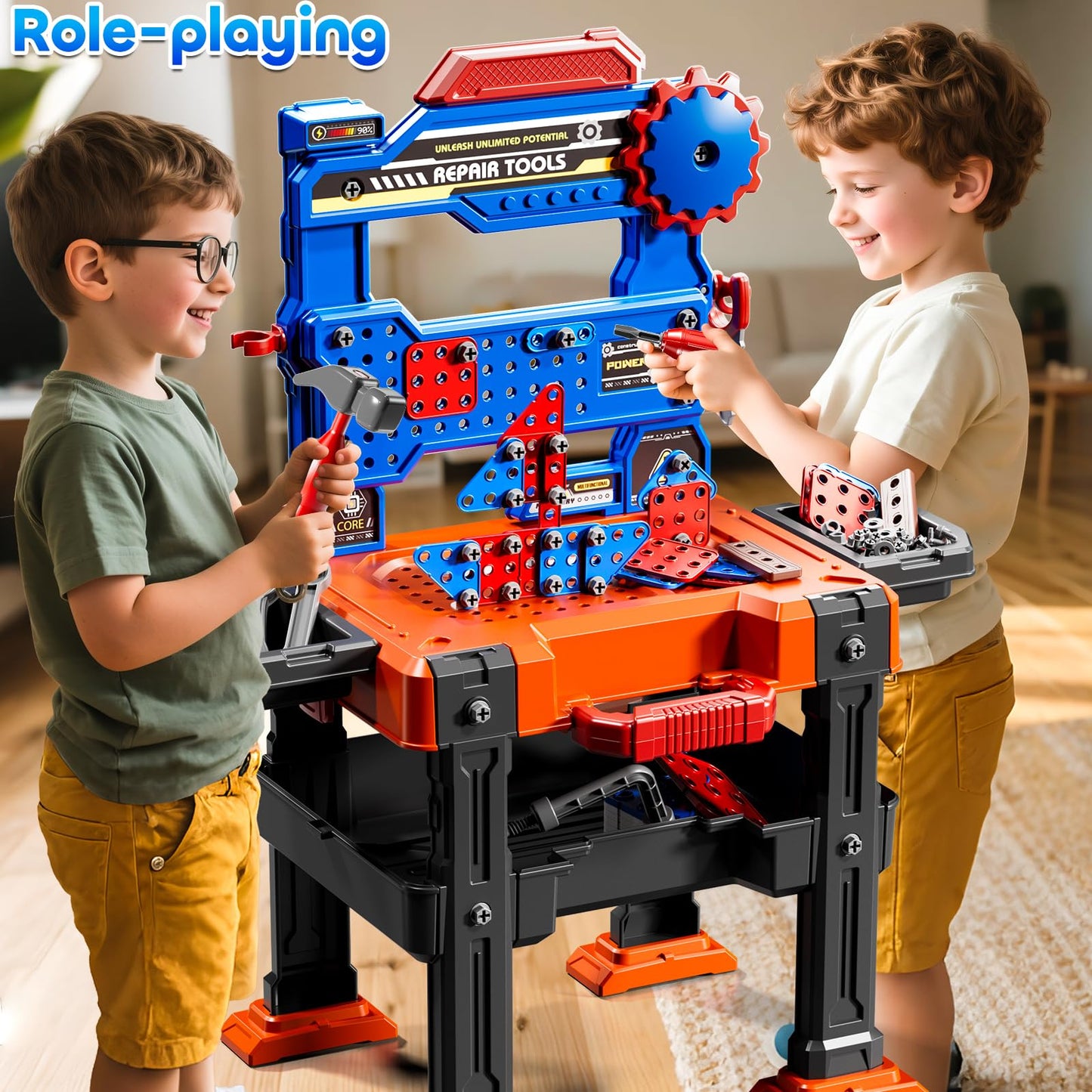 KIZONLY 2-in-1 Kids Workbench Tool Set for Ages 3–8 – 145-Piece Pretend Play Construction