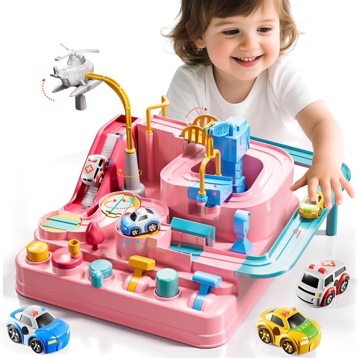 KIZONLY Car Race Track for Kids Aged 4-8 – Pink City Set with 3 Cars & Helicopter