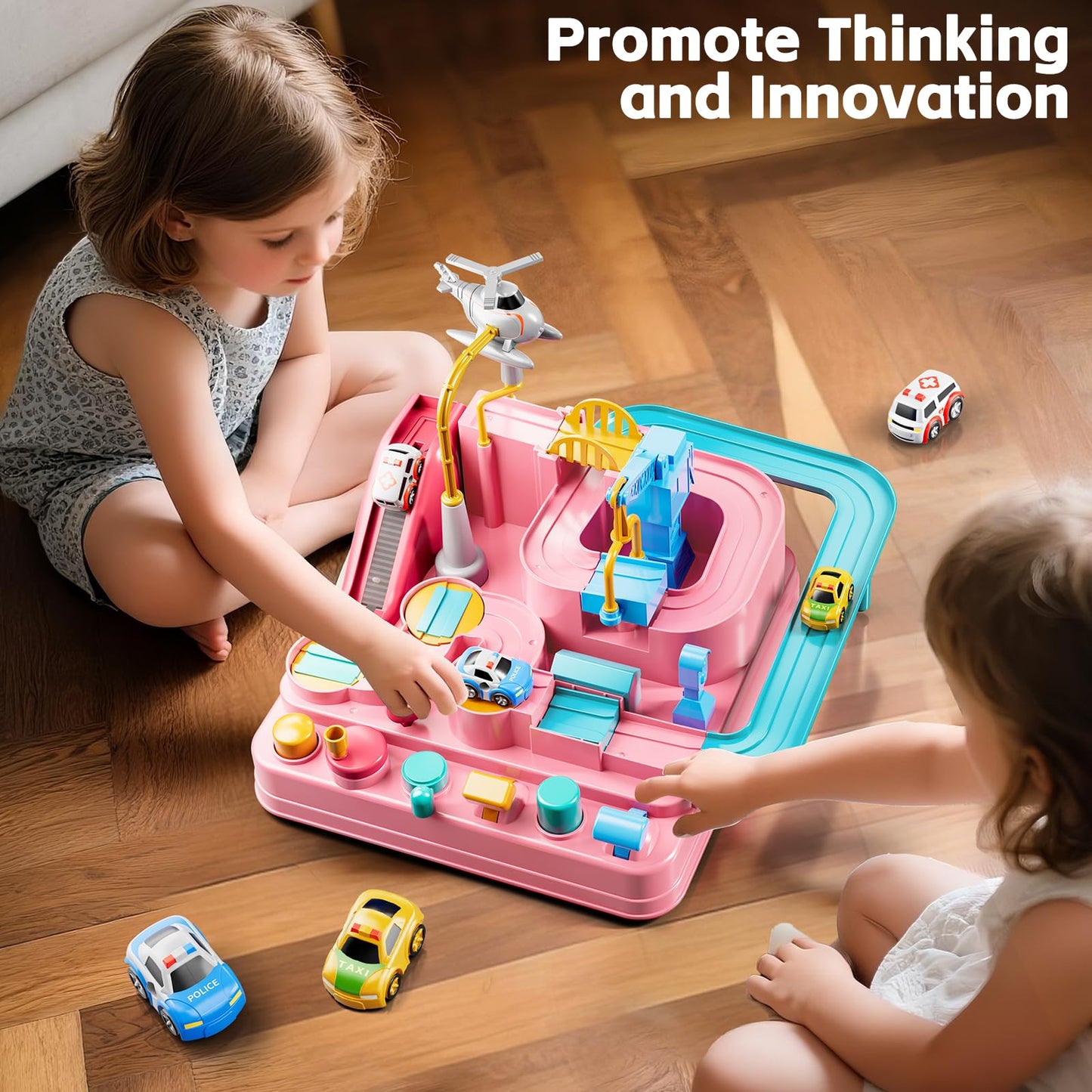 KIZONLY Car Race Track for Kids Aged 4-8 – Pink City Set with 3 Cars & Helicopter