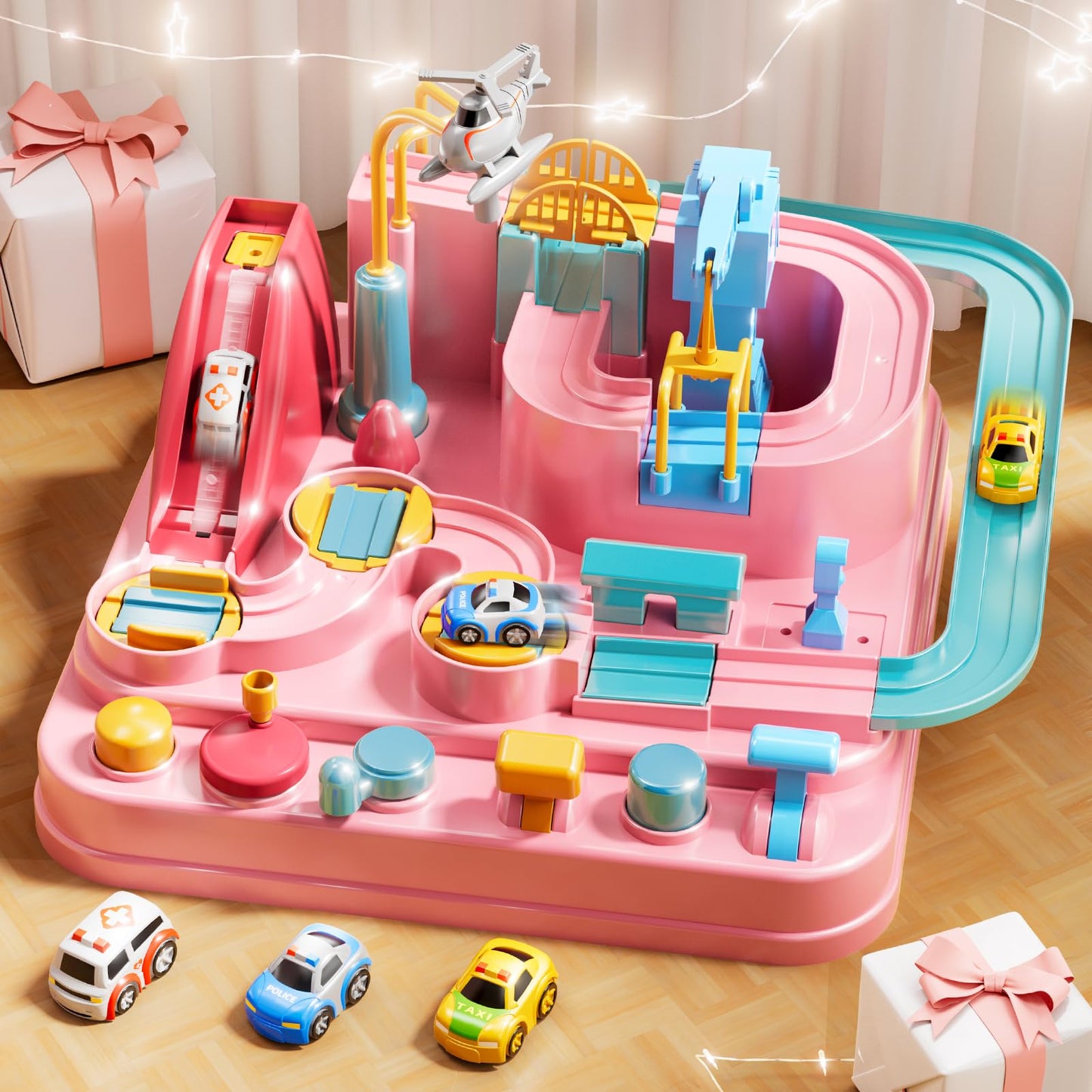 KIZONLY Car Race Track for Kids Aged 4-8 – Pink City Set with 3 Cars & Helicopter
